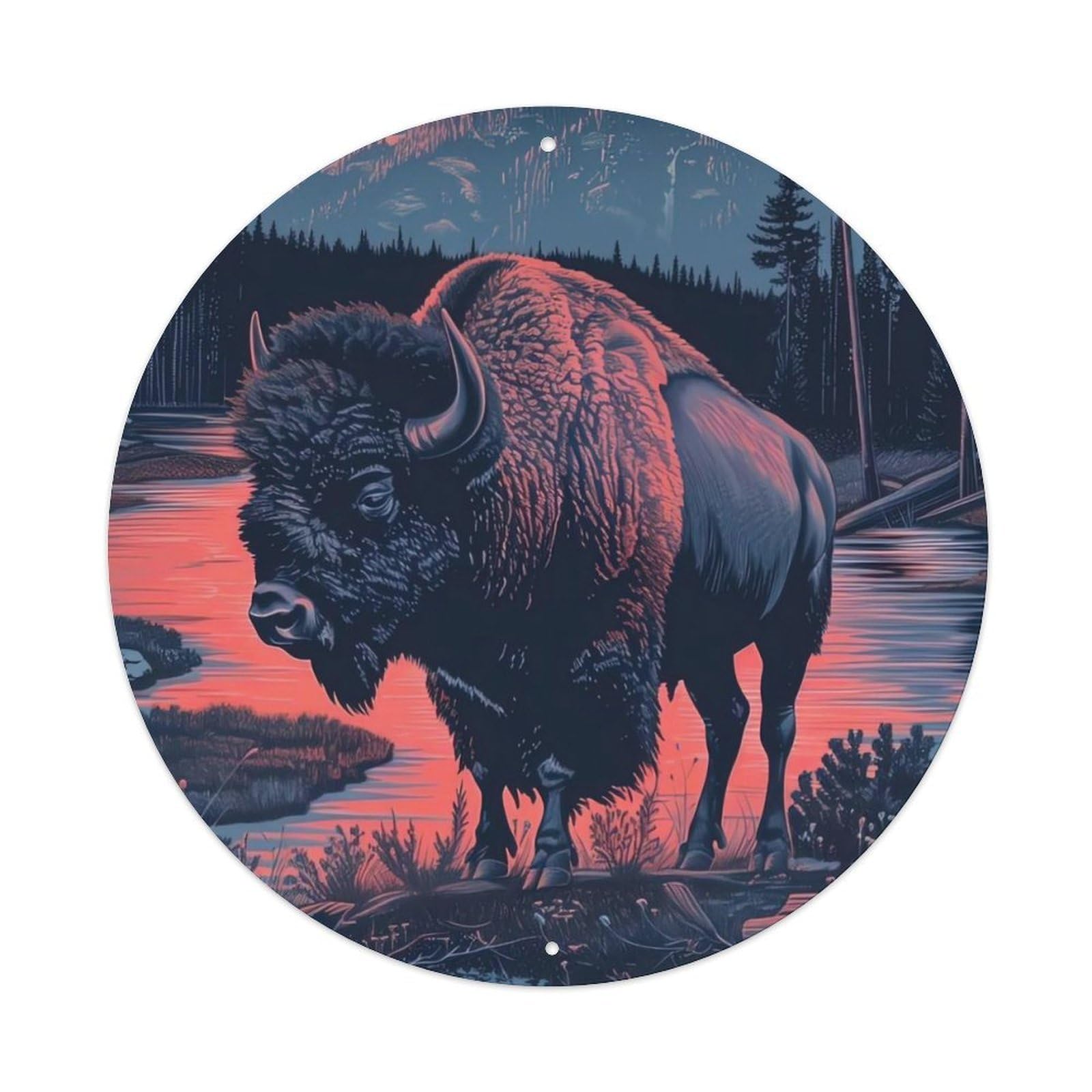 Bison Animal Retro Vintage Landscape Mountain River Sunset Vintage Metal Tin Sign Plaque Wall Decor for Cafe, Club Bar, Office, Garden Metal Poster 8x8Inch