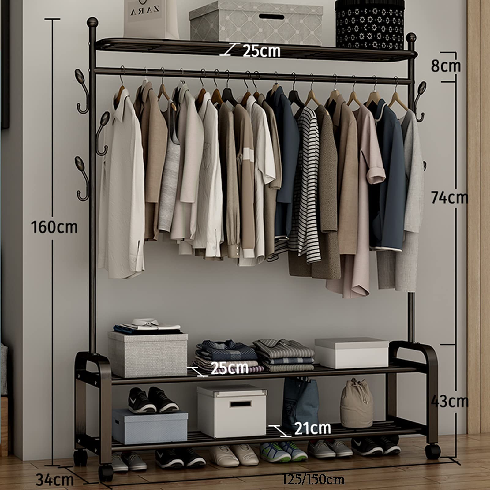 Kleiderständer Kleiderständer Hochleistungs-Kleiderstange Kleiderständer aus Metall mit Regalen und Schuhregal, rollender Aufhänger auf Rädern für gewerbliches Zuhause (Size : 150x34x160cm)