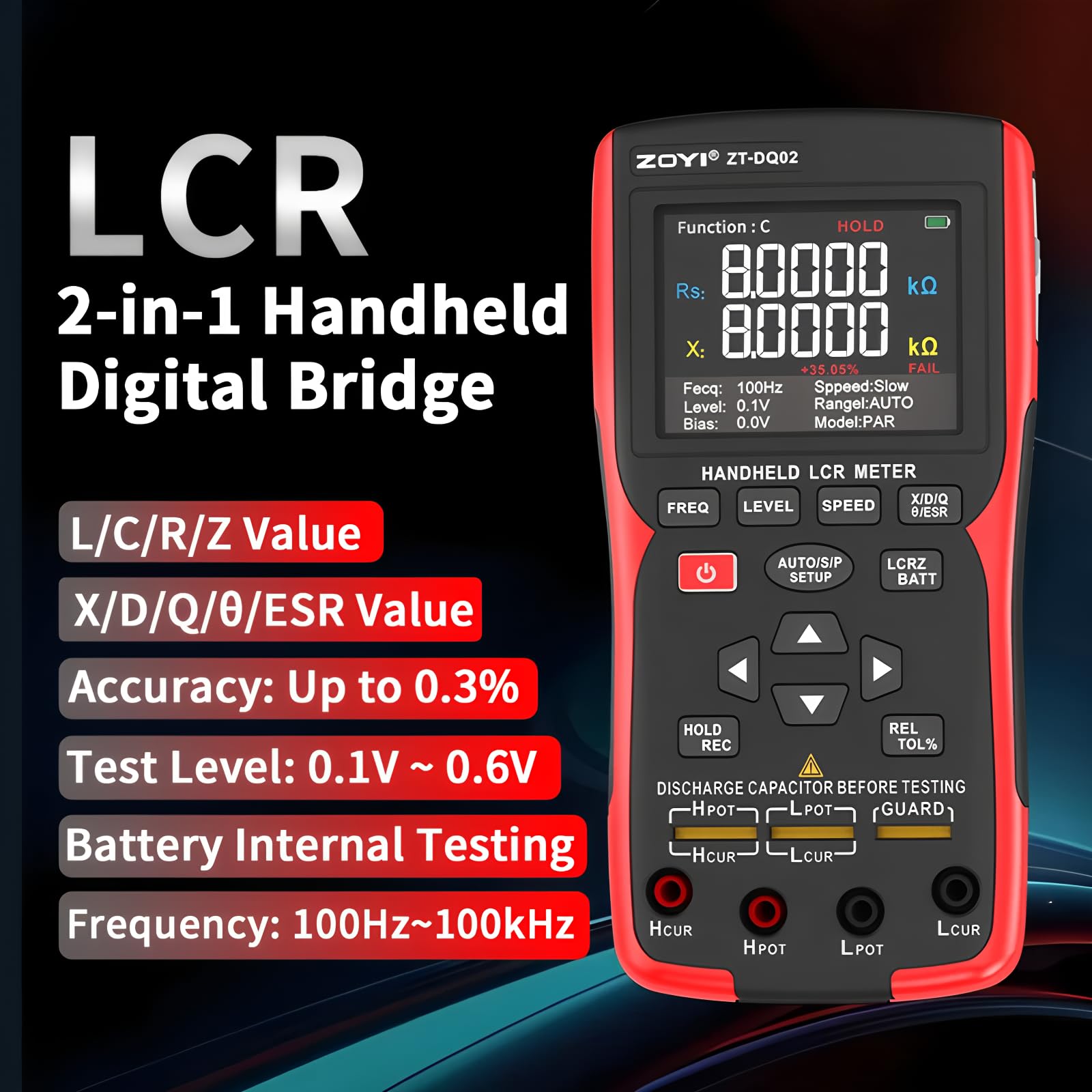 LCR-Messgerät Handgehaltenes Digitales Brücken-Batterie-Innenwiderstands-Messgerät DQ02-2-in-1 Hochpräzises Kapazitäts- und Batterietester (DQ02 KitII)