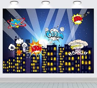 RUINI Superhero Night Cityscape Stars Photo Backdrop Kid Bedroom Wall Decoration Superhero Party Supplies Kid Birthday Party Background Cake Dessert Table (7x5FT)