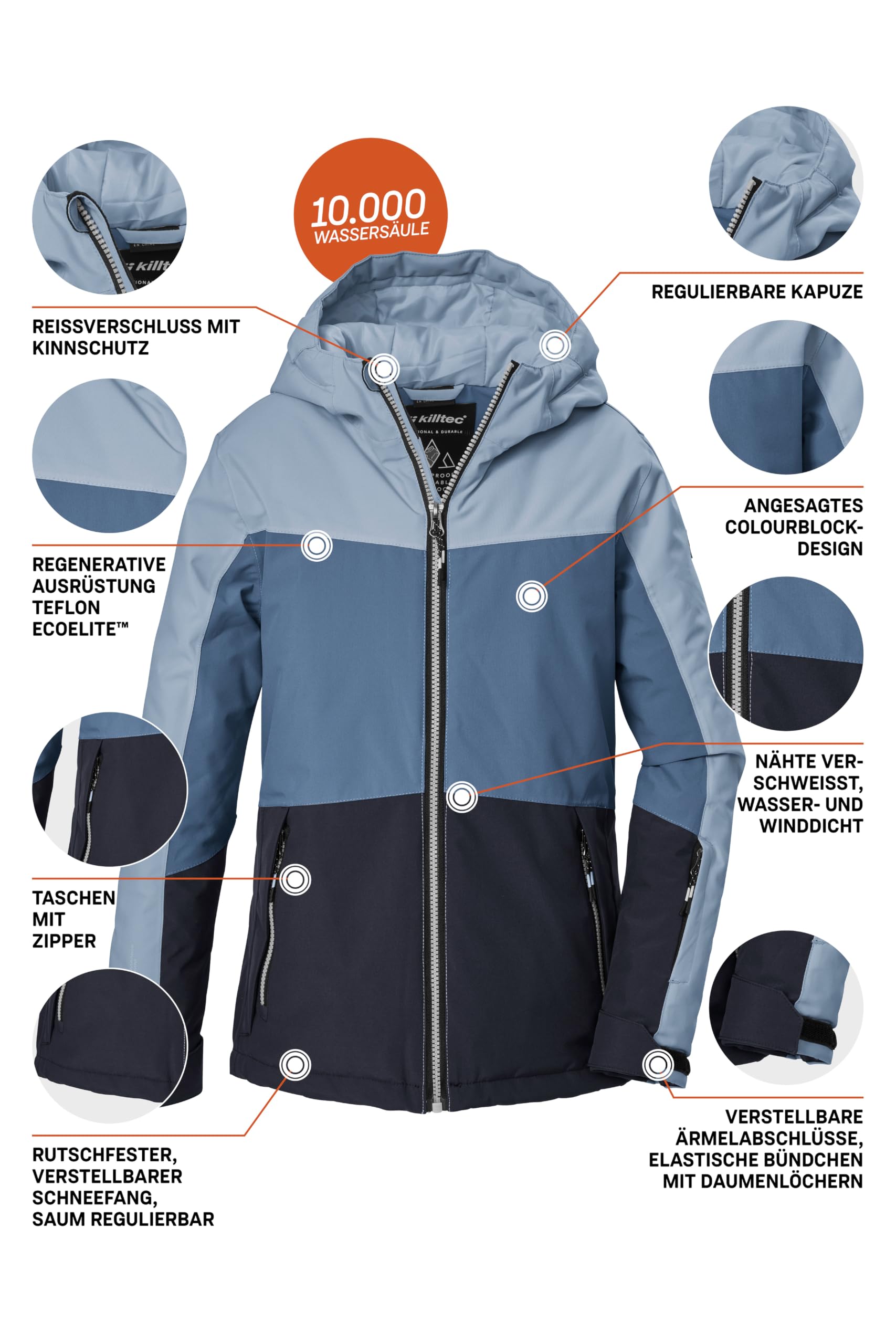 killtec KSW 198 GRLS SKI JCKT 44796-000 - Giacca da sci funzionale da ragazza, con cappuccio e gonna antineve, in denim chiaro, taglia 176