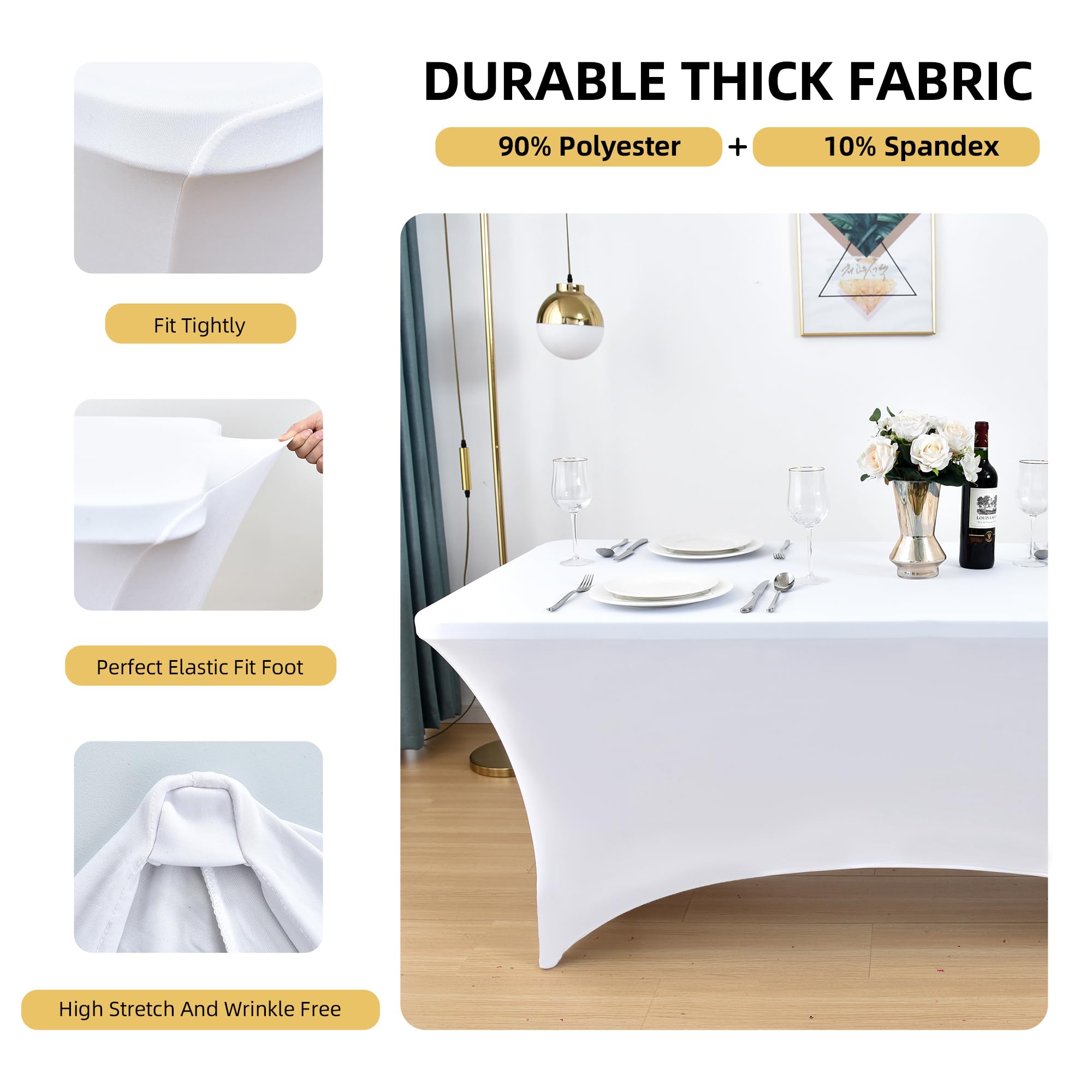 Condition photo showing New/Like New for 2-pack 6ft white spandex table covers for rectangle standard folding tables - wrinkle resistant stretch tablecloths - ultimate fitted table protector for parties, trade shows, banquet
