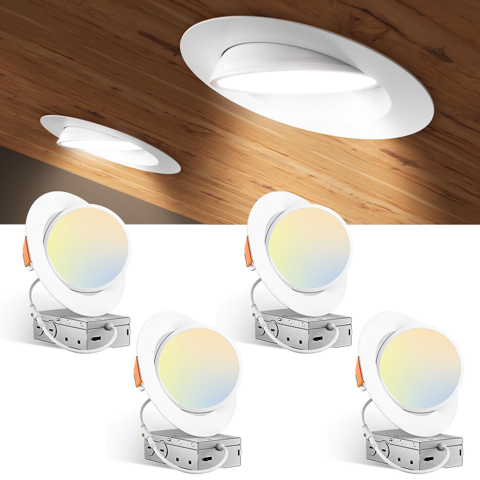 Amico 4 Pack 6 Inch 5CCT Gimbal LED Recessed Lighting, 360°&90° Adjustable Eyeball Directional Downlight, Dimmable, 2700K/3000K/3500K/4000K/5000K Selectable, CRI90+ 12W 1200LM, ETL&FCC
