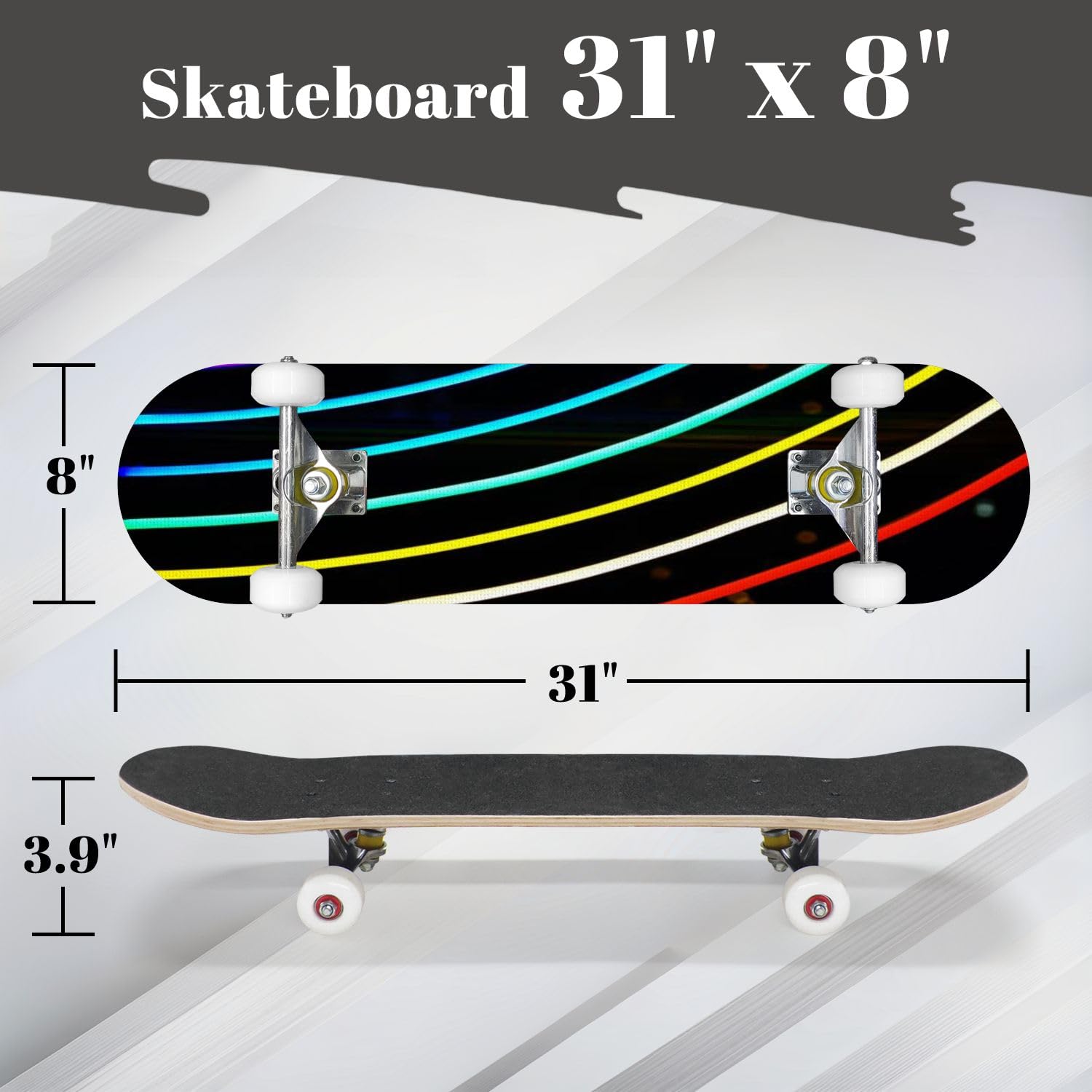 Complete Skateboard with Rainbow Lines Light Beginner Skateboard 7-Layer Maple Wood Double Kick Concave Skate Board for Kids, Adults, Teens 31