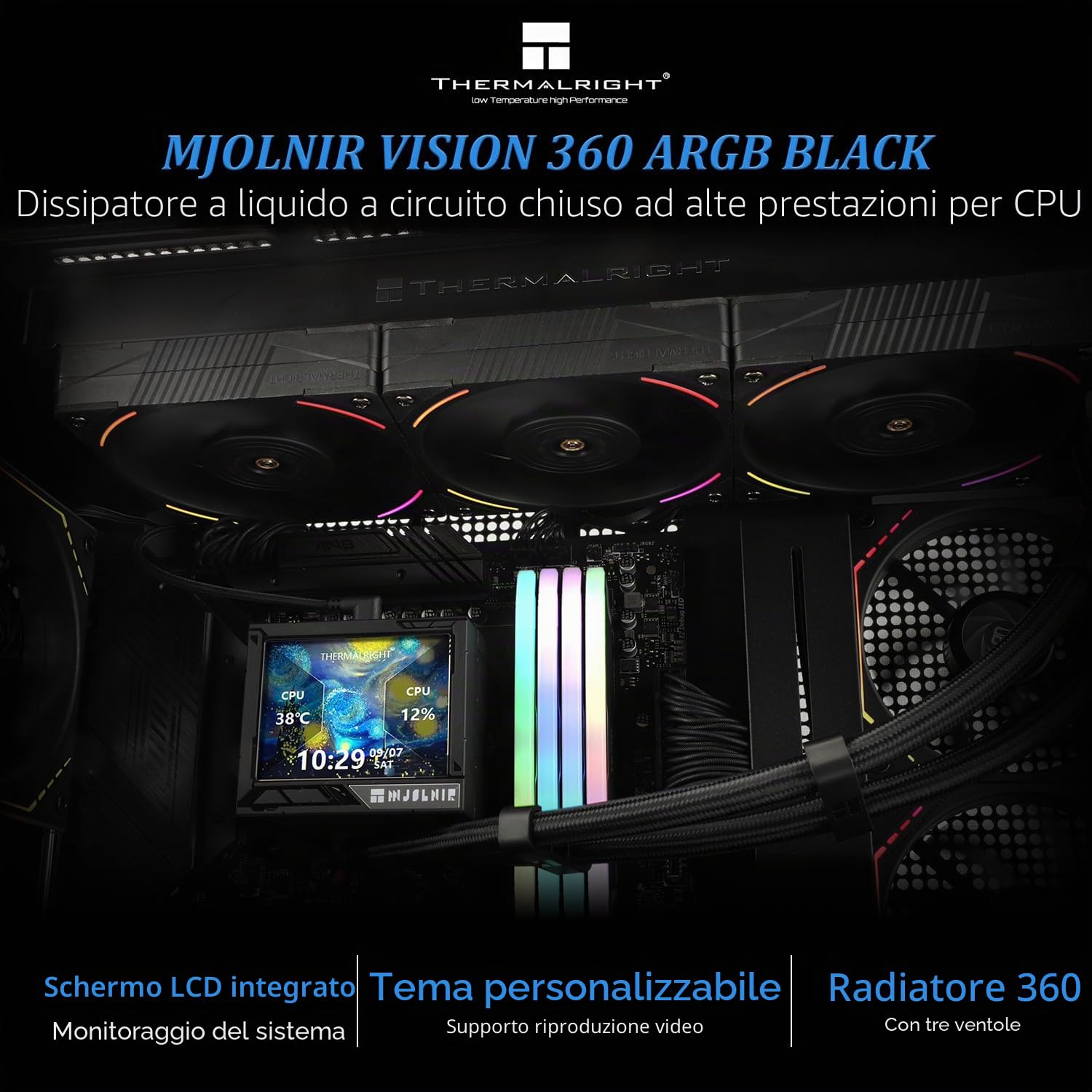 Thermalright Mjolnir Vision 360 ARGB - Raffreddatore a liquido per CPU AIO, schermo LCD IPS con risoluzione 320 x 240, per AM4/AM5 e LGA1700/1851, 3,5 pollici con assorbimento magnetico