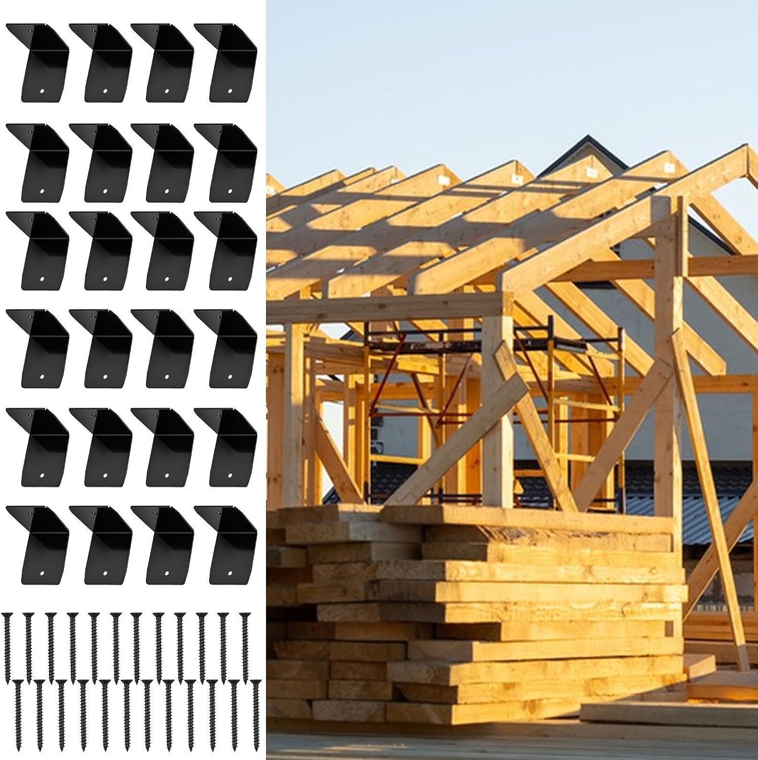 Black Rafter Brackets - 12 Piece Roof Clip Corner Brace Set, Strong Black Metal Connector System | Wood Joist Hanger Hardware for Beam Railing Ceiling Shed Fence Gazebo Frame Support Use