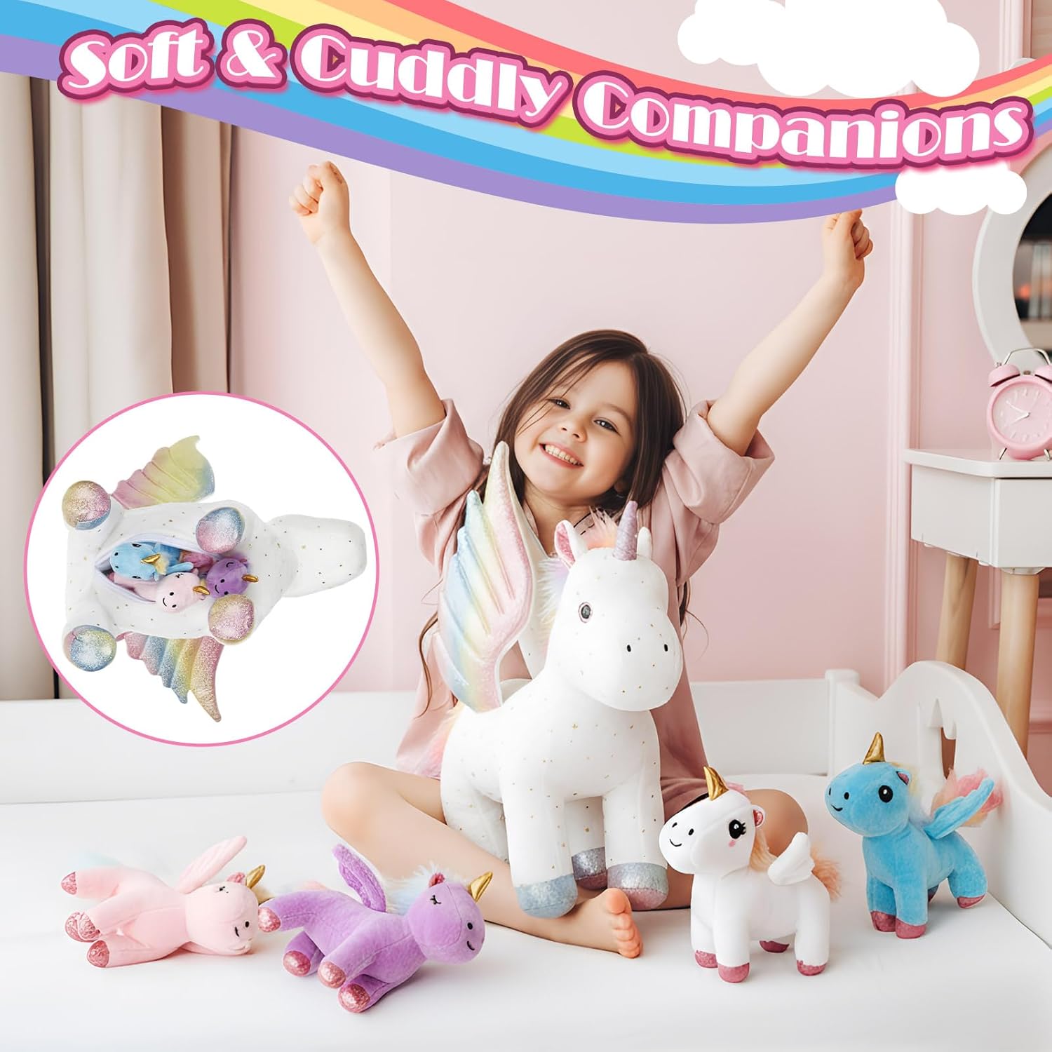 5 Pcs Fly Unicorns Plush Toy Gift Set 15.7" Mom Unicorns with 4 Cute Babies Stuffed Animal in Zippered Back Nurturing Plushies Toy Set for Kid Adults Birthday Party Favors Gifts - Image 3
