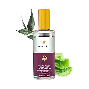 SUNDARI Neem and Aloe Vera Tonic Water, 3.4 Fl Oz, Freshening Mist for Skin Hydration, Non-Staining, Rapid Absorption, Alcohol-free, Dewy Fresh feel