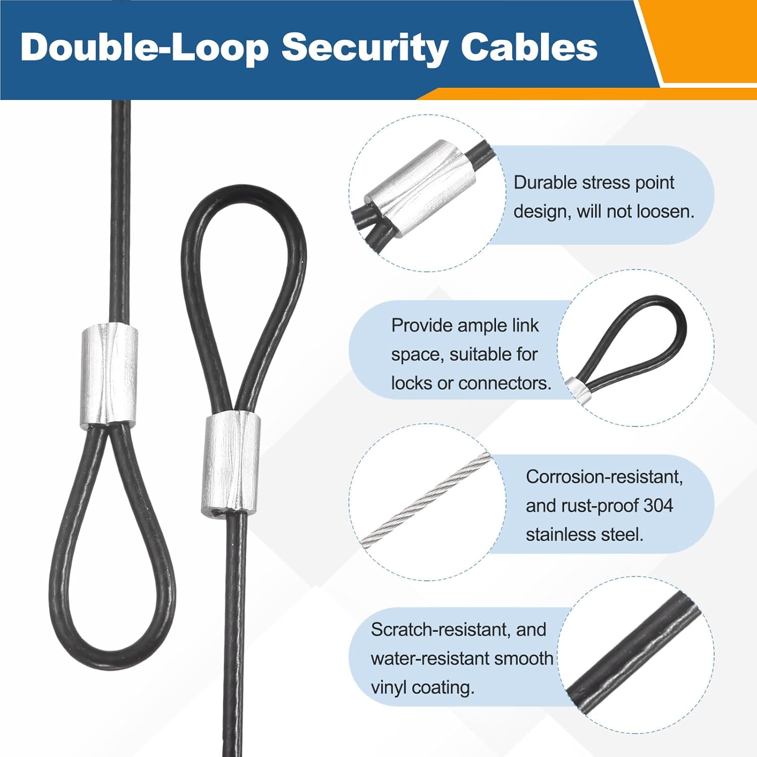 20 Pcs Security Cable Lock - Double Loop Cable (1.64 ft x 0.08 Inch) Vinyl Coated 304 Stainless Steel Safety Flexible Wire Rope Luggage Bike Anti-Theft Security Chain Lock, Black