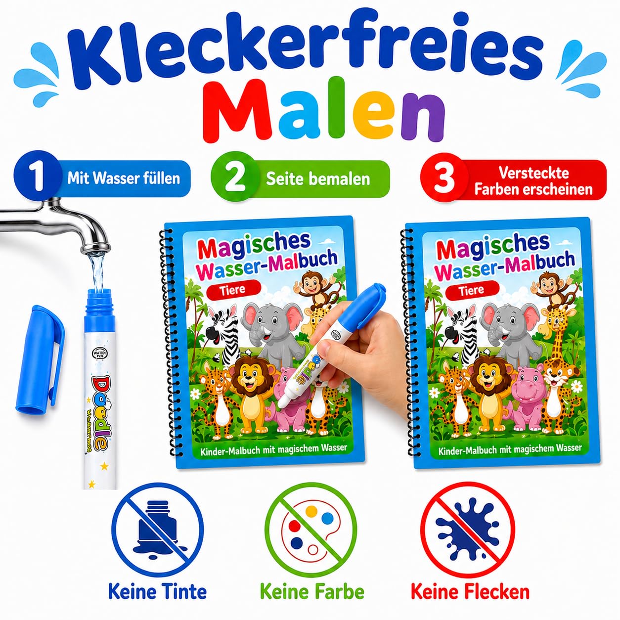 8er-Wassermalbuch-Set mit 8 Wasserstiften, 8 Themen, für Reisen ab 3 Jahren | Nur mit Wasser malen; nach dem Trocknen wiederverwendbar; einzeln verpackt zum Teilen, Mitnehmen und Verschenken