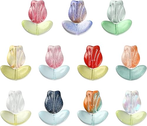 Ipotkitt 100 cuentas de flores transparentes hechas a mano de cristal colorido tulipán flor hoja cuentas para manualidades, fabricación de joyas,