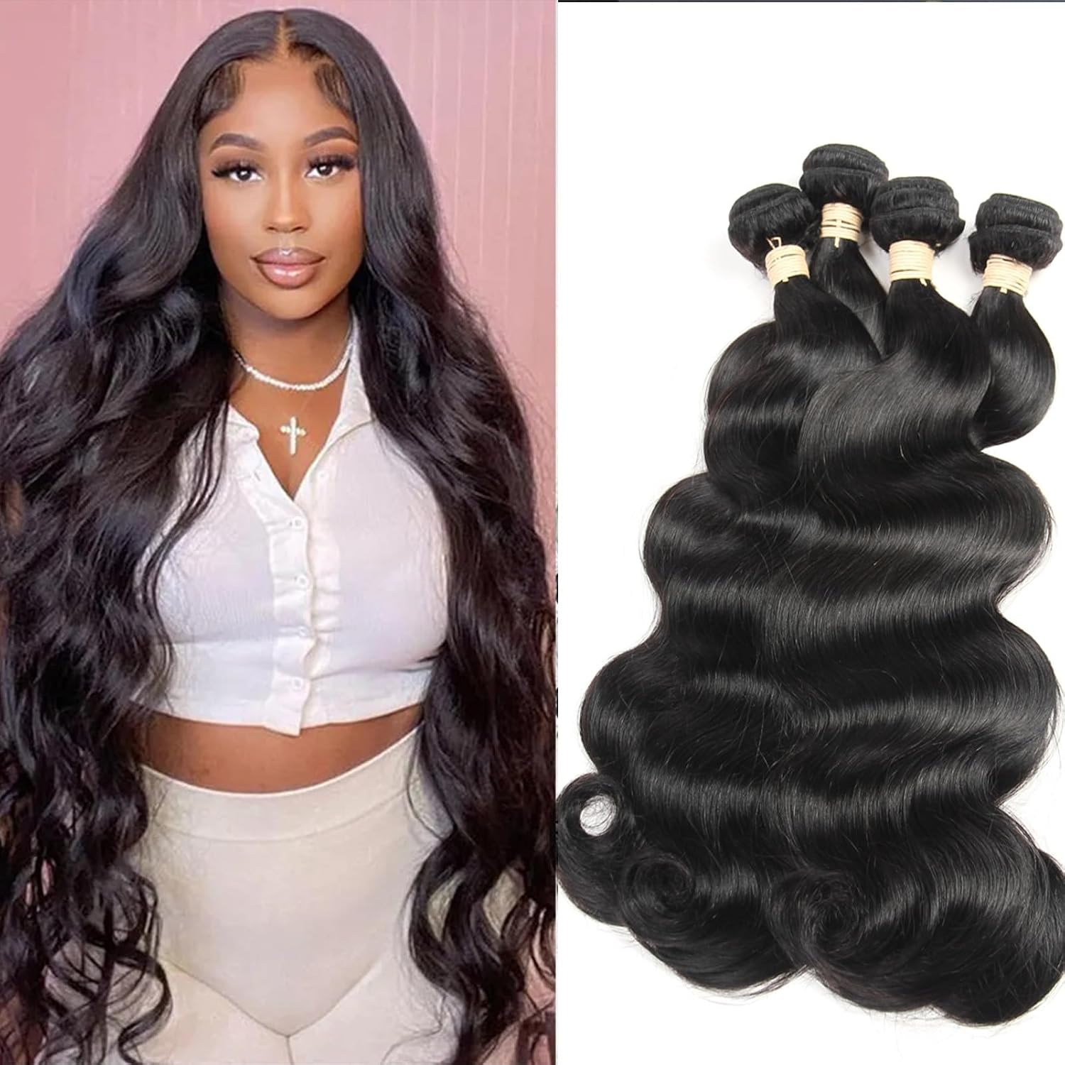 Human Hair Bundles Body Wave 4 Bundles (12 12 12 12 inches) 100% Brazilian Unprocessed Body Wavy Bundles Human Hair10A Natural Black Weave Hair Extensions for Women