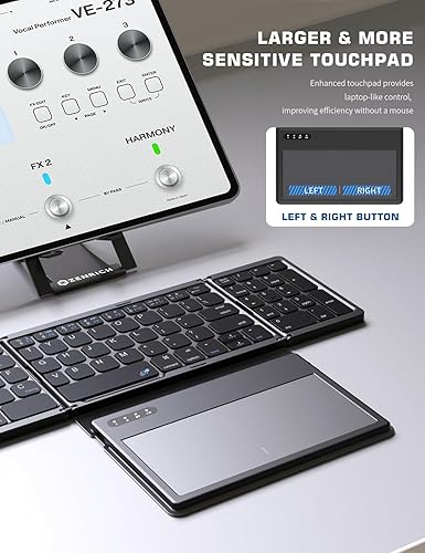 Miniatura 2 de ZenRich Teclado Bluetooth plegable con soporte y teclado táctil grande, teclado numérico, teclado de bolsillo de viaje para iPad, Windows, iOS,