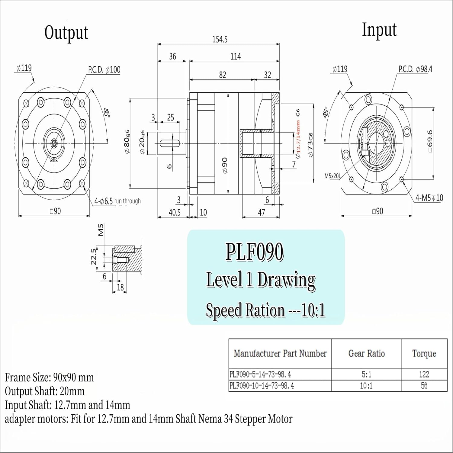 Planetary Gearbox Speed Reducer Gear Head Ratio 10:1 Backlash 7 arc-min for 14mm / 12.7mm Shaft nema34 86mm Stepper Motor Planetary Reducer 3500RPM Gear Box Reducer