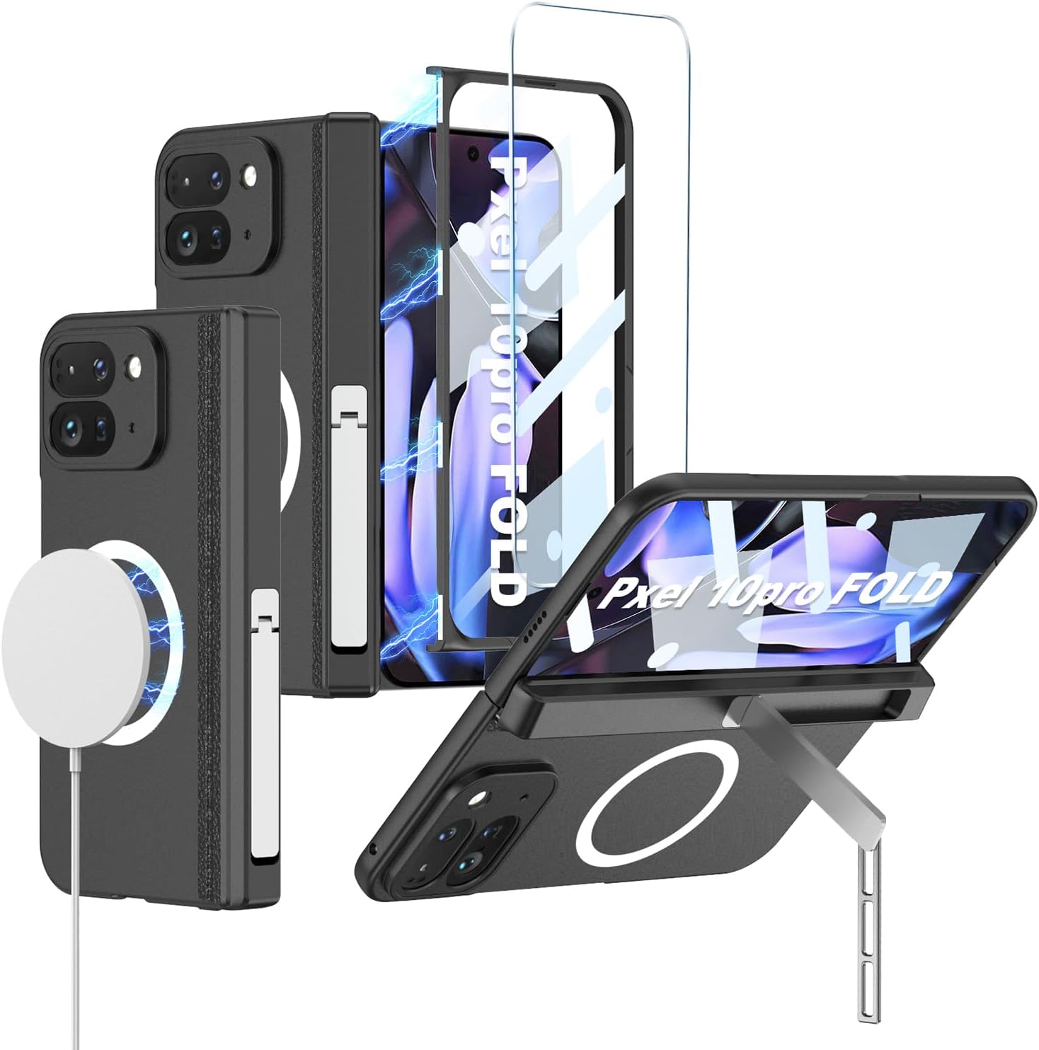 Case for Google Pixel 10 Pro Fold [Compatible with Wireless Charging], Built-in Screen Protector & Magnetic Hinge Protection and Kickstand, Thin Shockproof Phone Cover for Pixel 10 Pro Fold (Black)