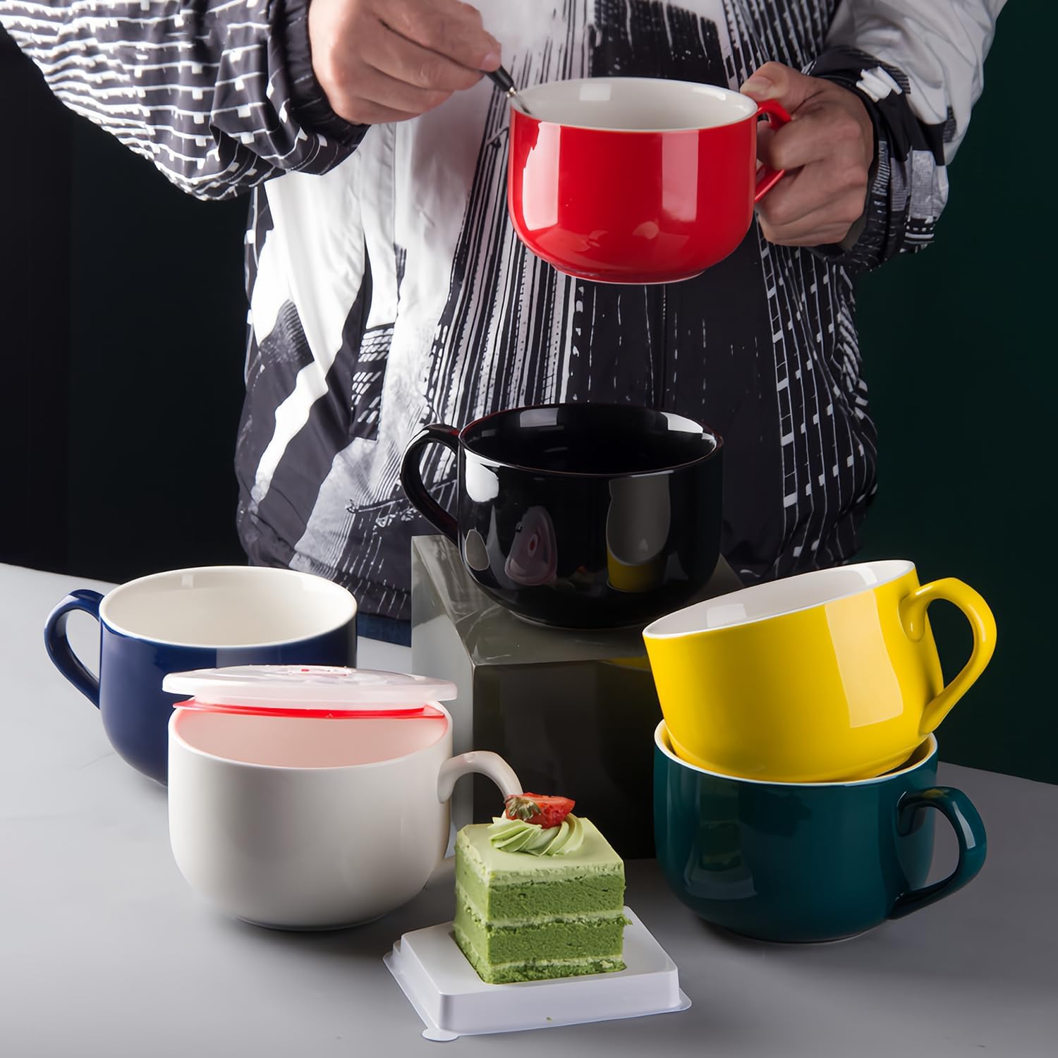 Soup Bowl With Lid, Porcelain Ramen Bowl, Instant Noodle Microwave Bowl (Blue)