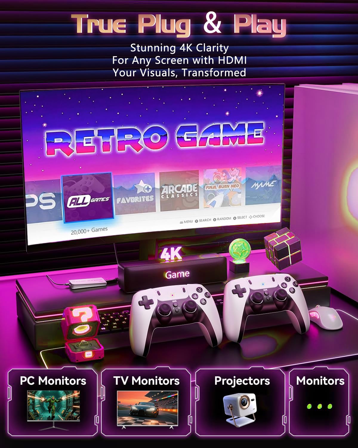 XYELLOWICON Console Rétro Stick TV 4K HDMI 20000+ Jeux 64Go