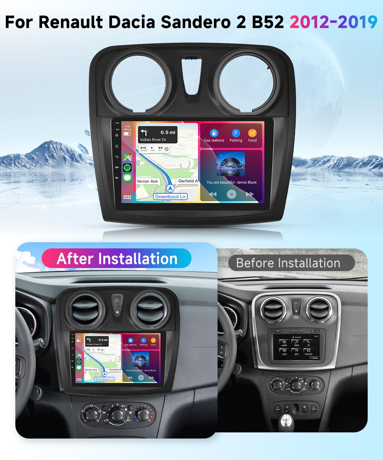 VECHTEL Autoradio 2+64G Android 13 per Renault Dacia Sandero 2 B52 2012-2019, 9" HD 2.5D Schermo Tactile Stereo Auto co Carplay Android Auto senza Fili GPS Wi-Fi USB Bluetooth Radio FM RDS Retrocamera