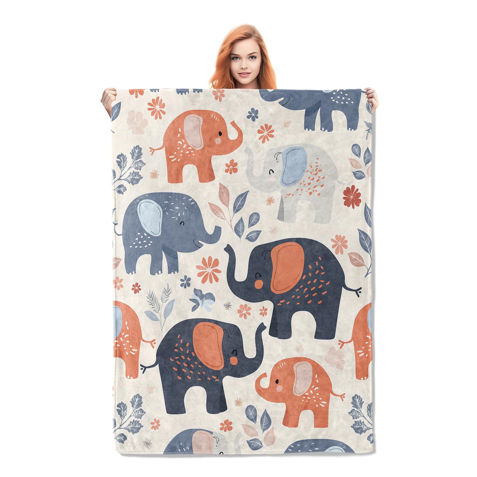 Cute Elephant Blanket Gifts for Adults Kids Soft Warm Lightweight Cozy Flannel Animal Elephants and Florals Throw Blankets for Bed Sofa Couch Living