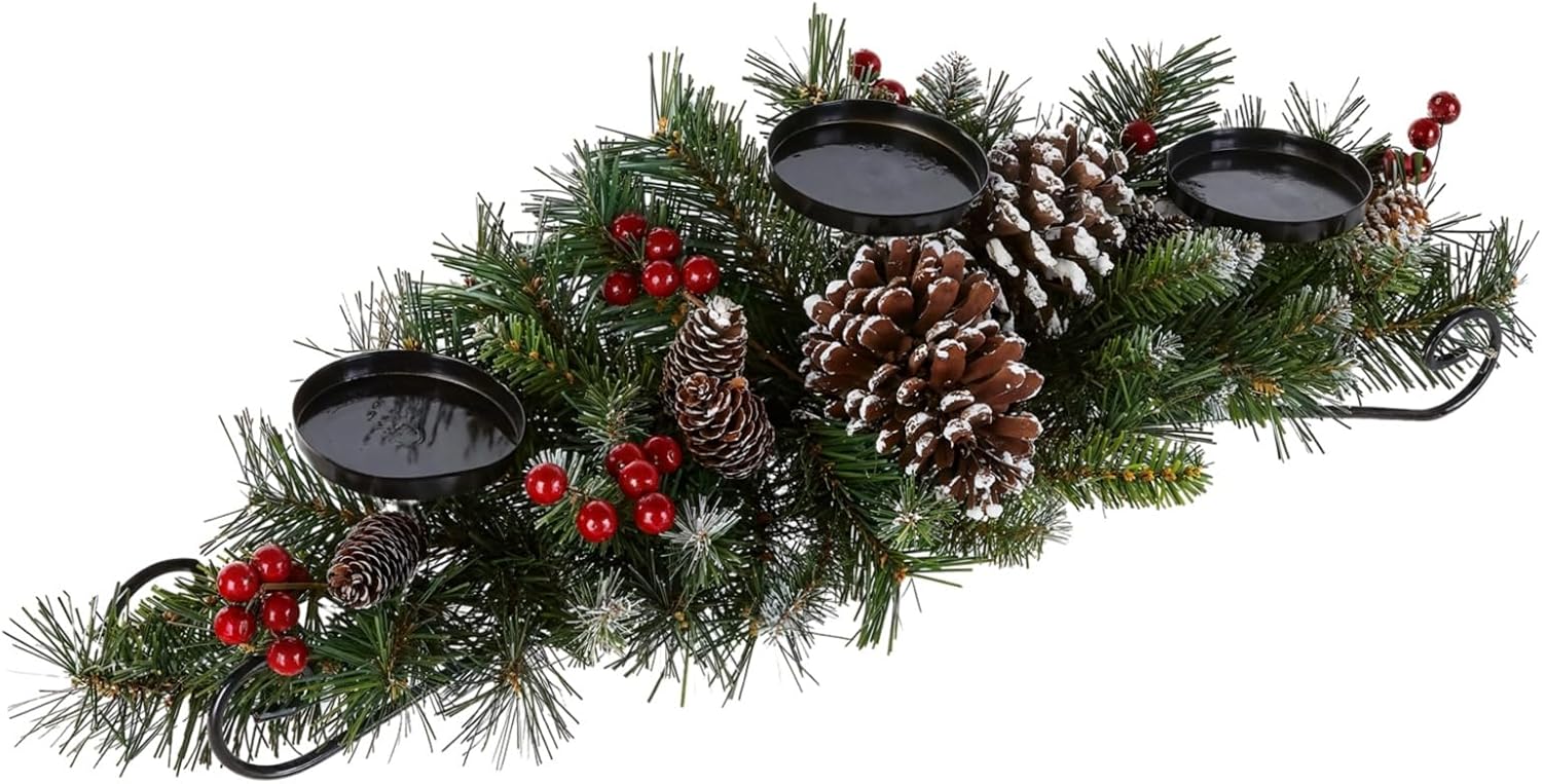 Iron Frame Christmas Wreath 3-Cup Candle Holder, Pine Cone Red Berry Decorations, PVC Iron Construction, Holiday Tabletop Decoration Ideal