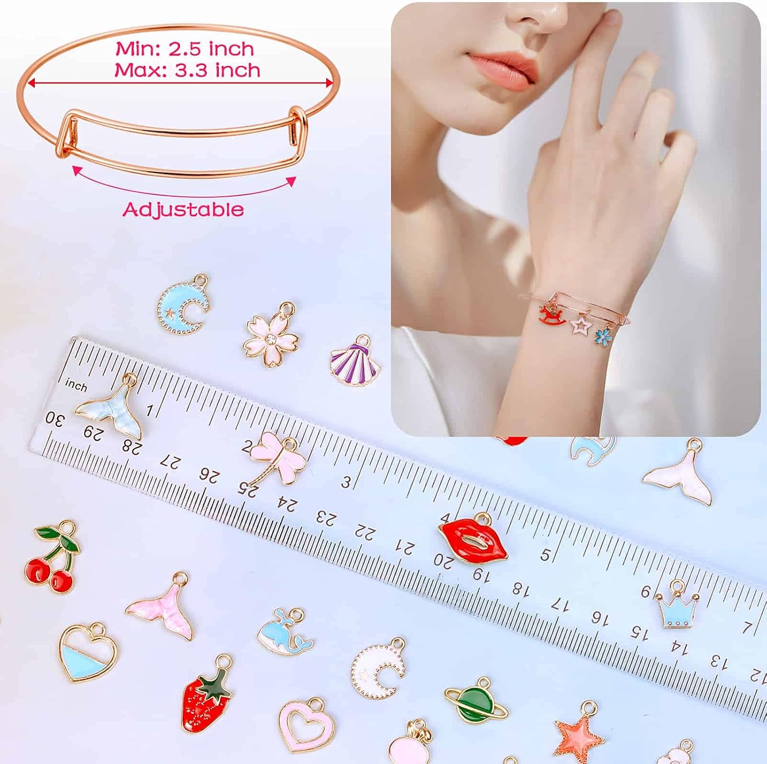374Pcs Charm Bracelet Making Kit, Thrilez Bangle Kit Bracelet Making Kit for Adults Women with Expandable Bangles, Charms and Pliers for Jewelry Bracelets Making (with Gift Box and Tools)