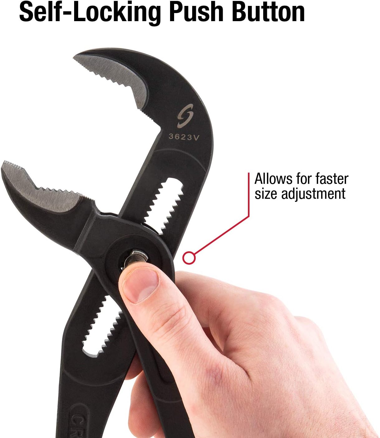 Sunex 3623V, 16" Push Button Water Pump Plier, Self-Locking, Fast Size Adjustment, V-Groove Jaw, Non-Slip Comfort Grip Handles