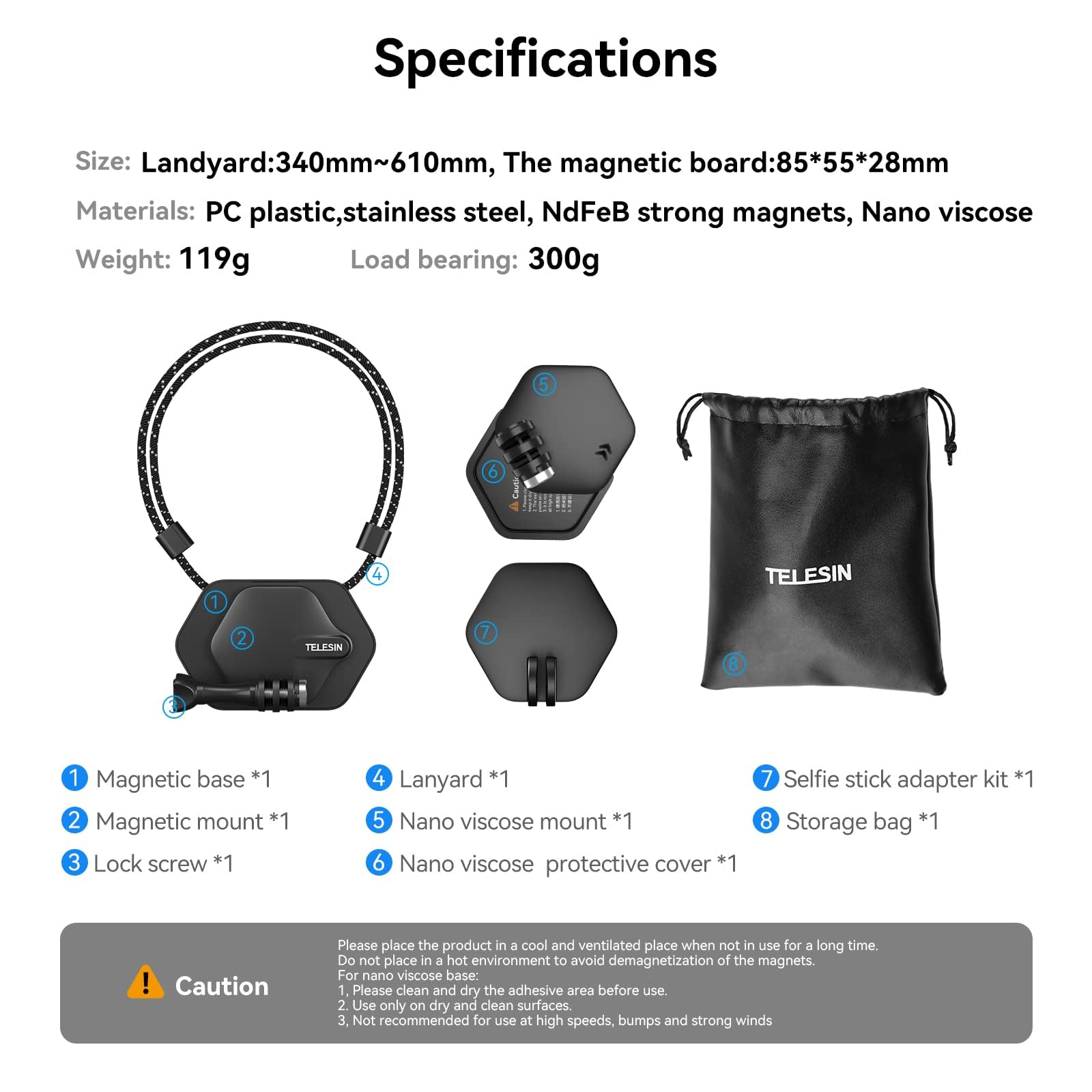 TELESIN Soporte Magnético Snap Cuello y Pecho para GoPro Hero 13/12/11/10/9, Insta360, dji Osmo Action, con Base de Liberación Rápida, Montura de Nanoviscosa, Kit de Adaptador de Palo Selfie