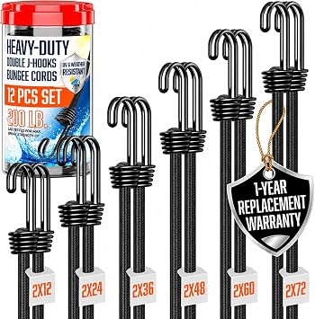 Bungee Cords with Hooks 12Pcs Set - Heavy Duty Outdoor Assorted Sizes