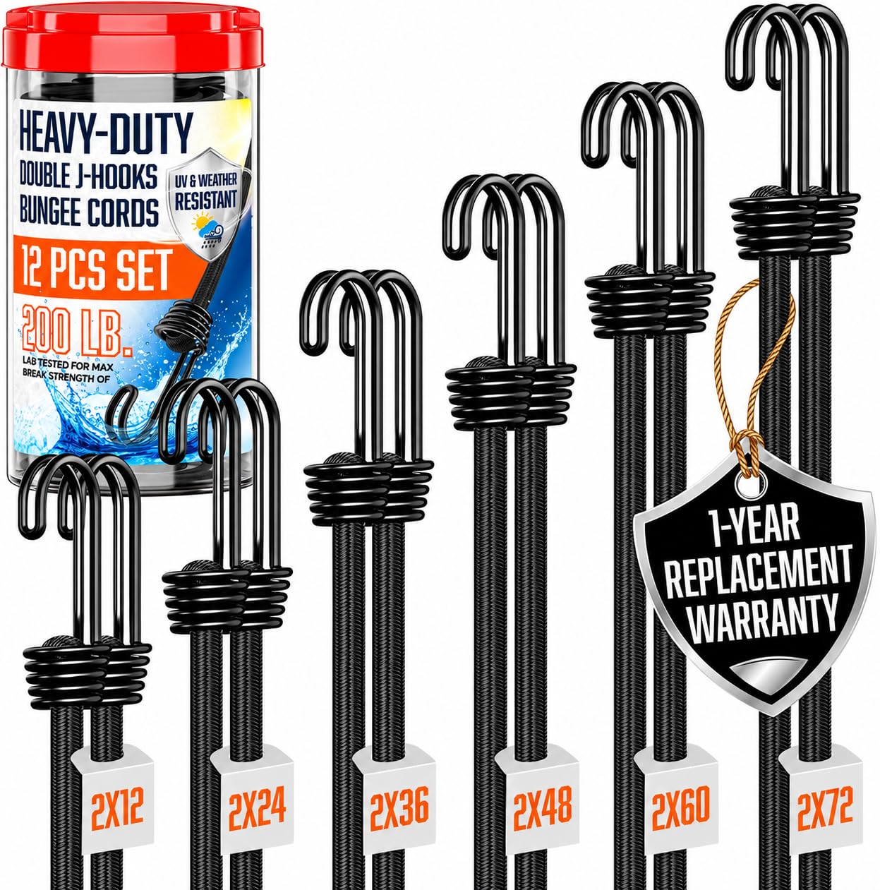 Bungee Cords with Hooks 12Pcs Set - Heavy Duty Outdoor Assorted Sizes