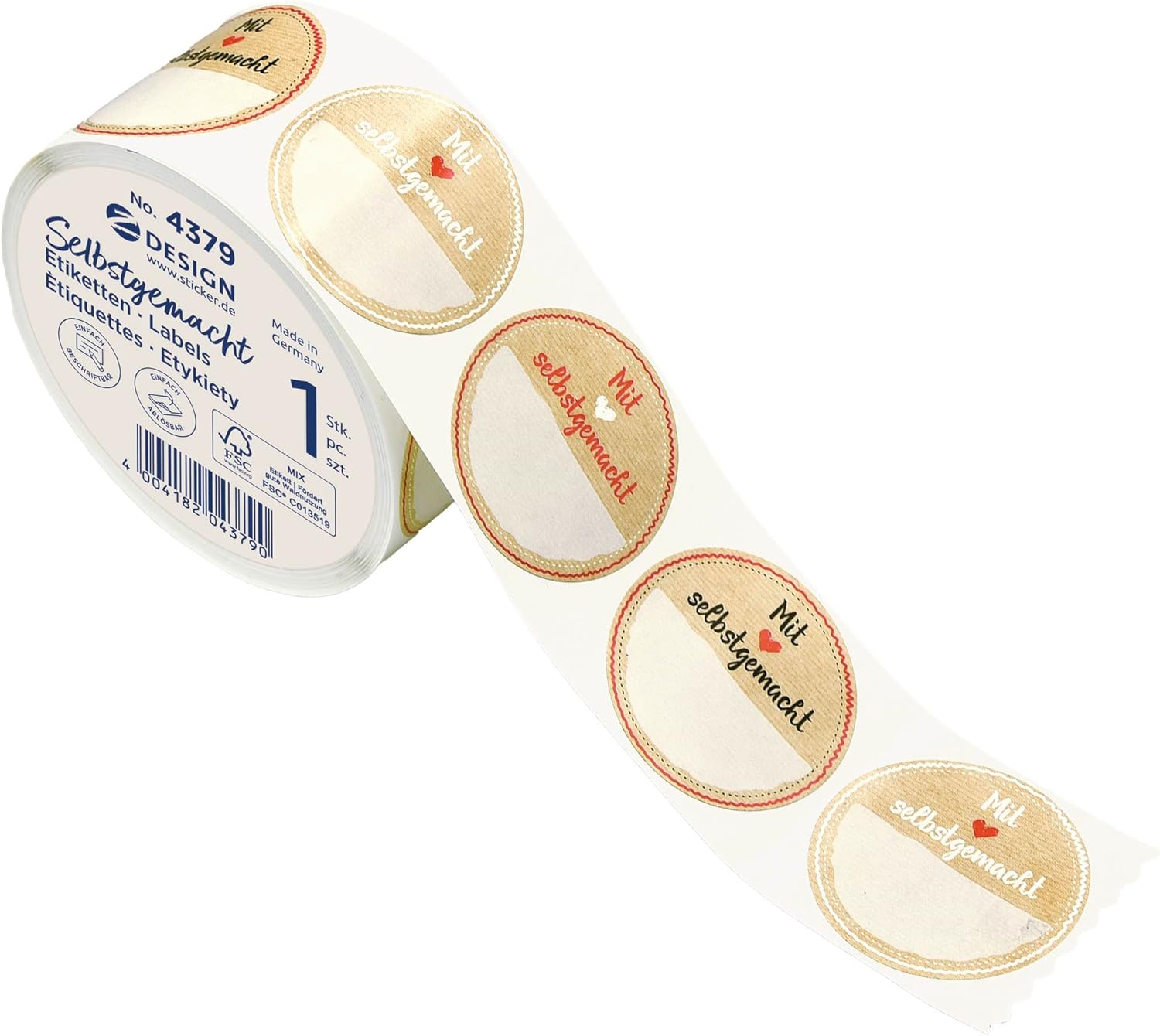 AVERY Zweckform 4379 Jam Labels Self-Adhesive Pack of 600 (Made in Germany, Diameter 38 mm, Sticker Jam Jar, Preservable, Removable Labels, Made with Love, Writeable) Stickers on a Roll