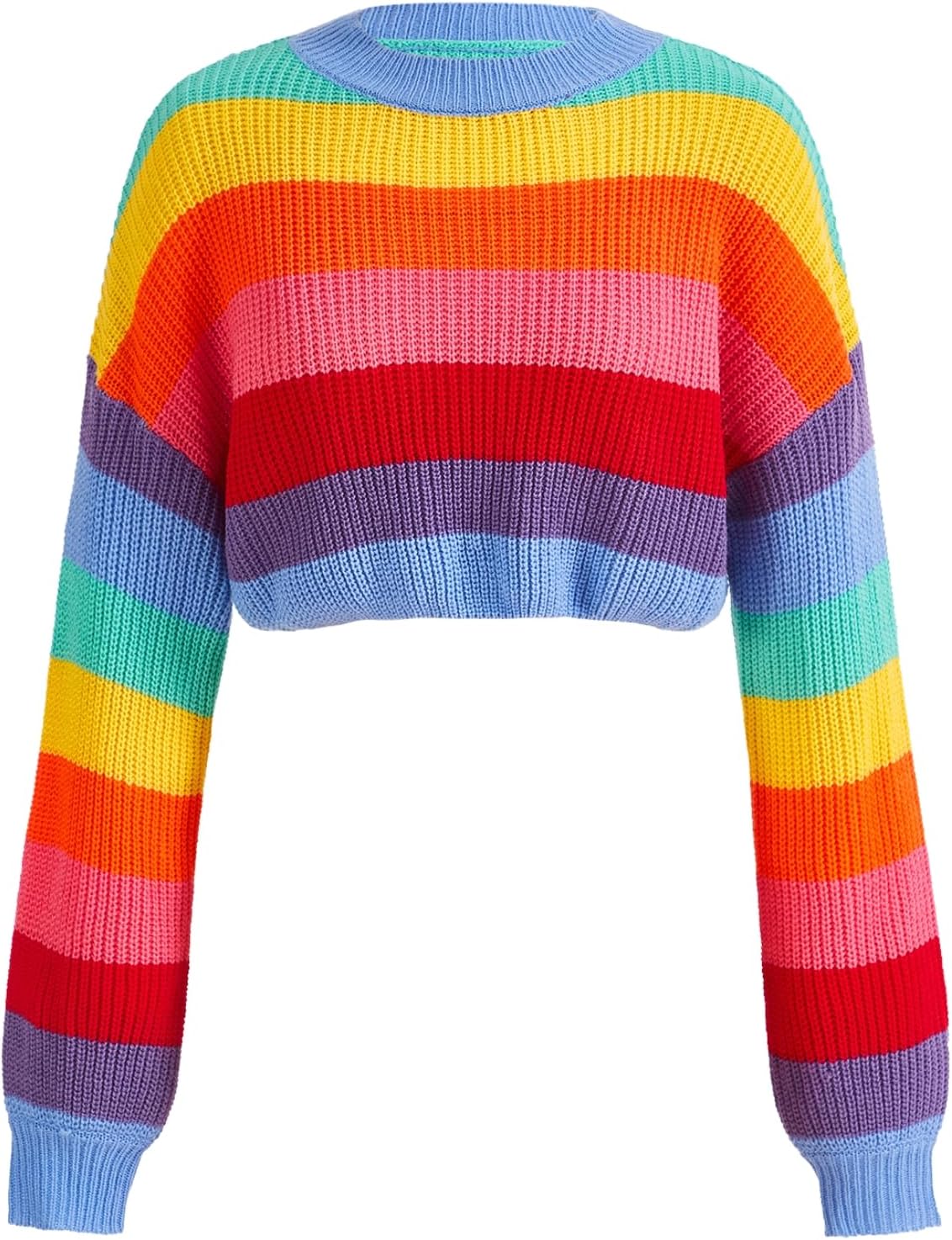 Verdusa Women's Striped Rainbow Cropped Sweater Long Sleeve Lightweight Cute Knit Tops Pullovers