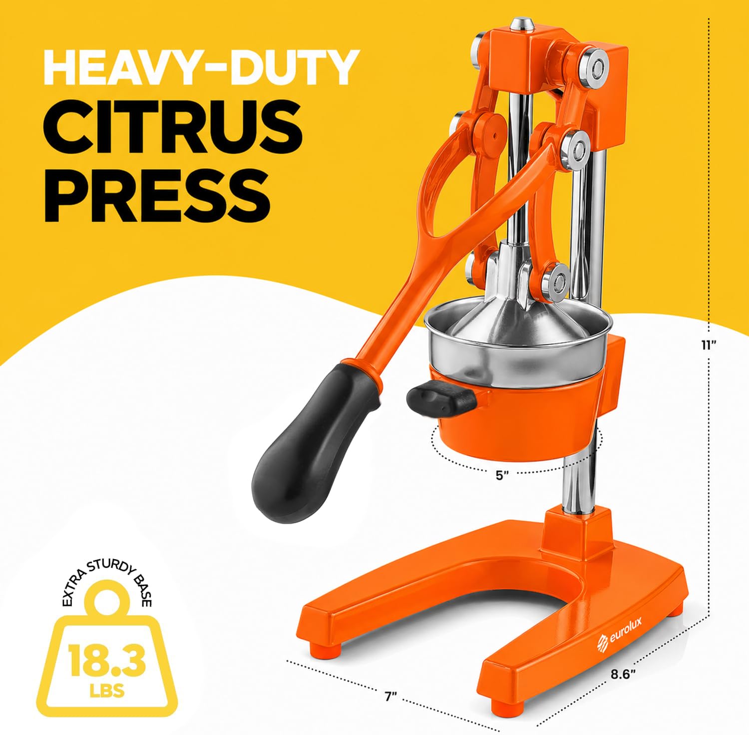 Eurolux Zitruspresse aus Gusseisen | Handelsqualität manuelle Handpresse | Arbeitsplattenpresse für frischen Fruchtsaft (Bonus Edelstahlbecher) (Orange)