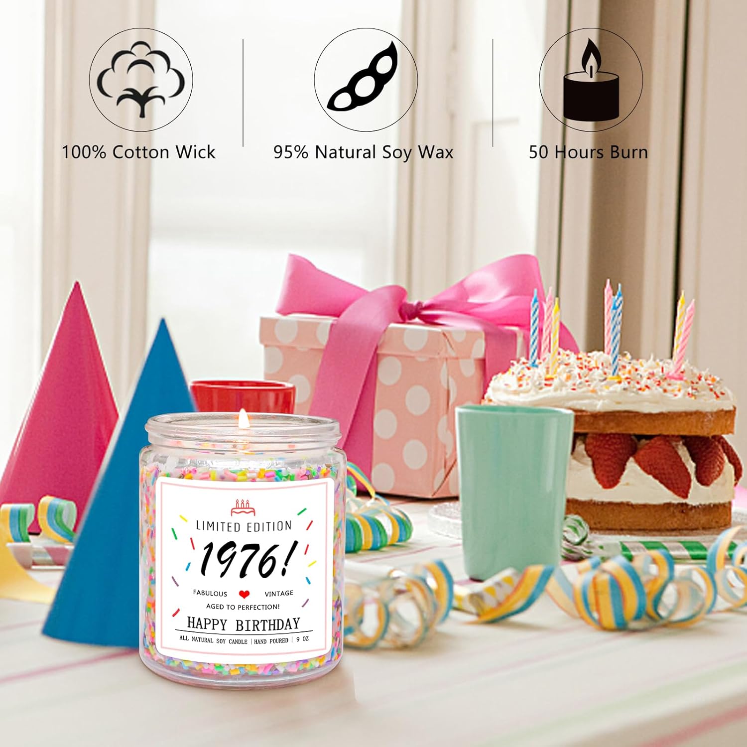 Homsolver 50th Birthday Gifts for Her Women, Gifts for 50 Year Old Woman, 50th Birthday Candles - Limited Edition 1976 Handmade (Vanilla Birthday Cake Scent with Sprinkles) - Image 3