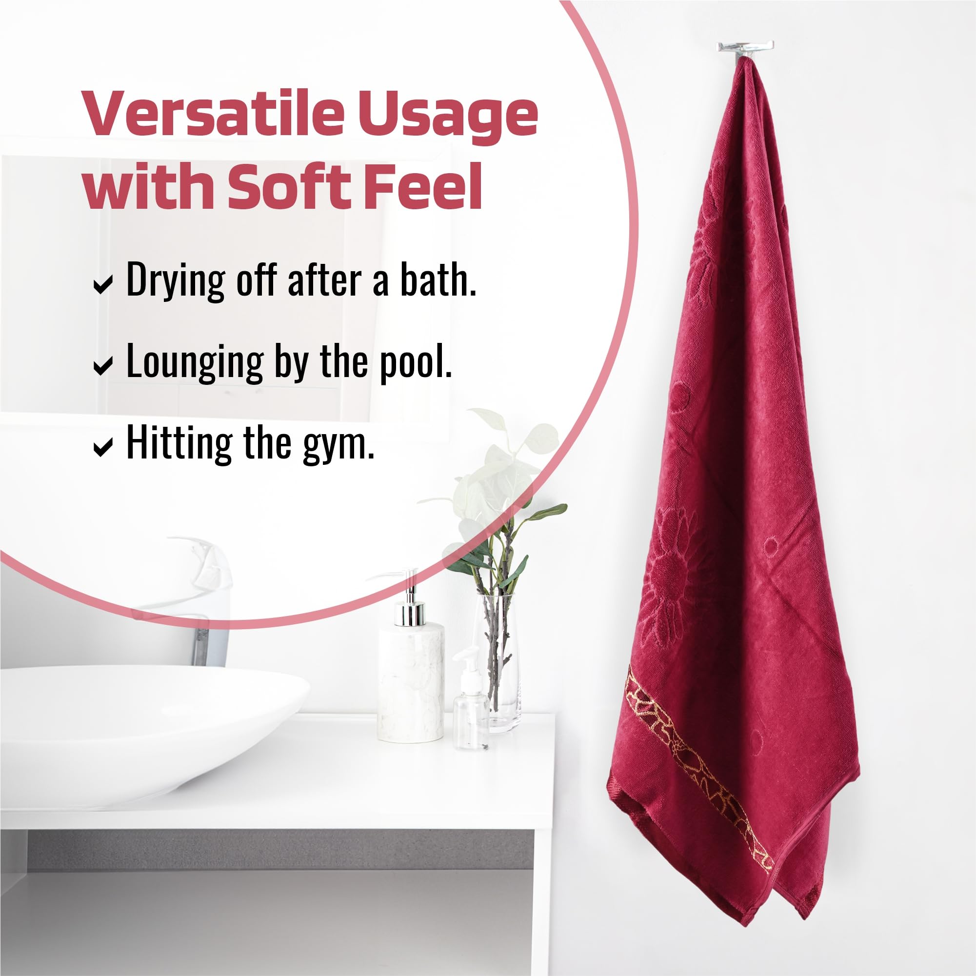 Urbane Home Pack of 2 Soft Cotton Bathing Towel for Men/Women | 450 GSM Fade/Wrinkle Resistant Towels | 30x60 Inches - Velvet Maroon & Grey 2