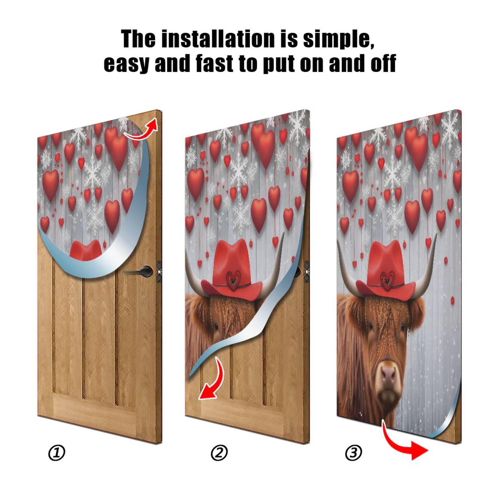 FLildon Highland Cow Hanging Hearts Valentine's Day Door Cover Decoration, Party Accessory Porch Decor for Festive Ornament Room Door Covers 32 x 79 Inch