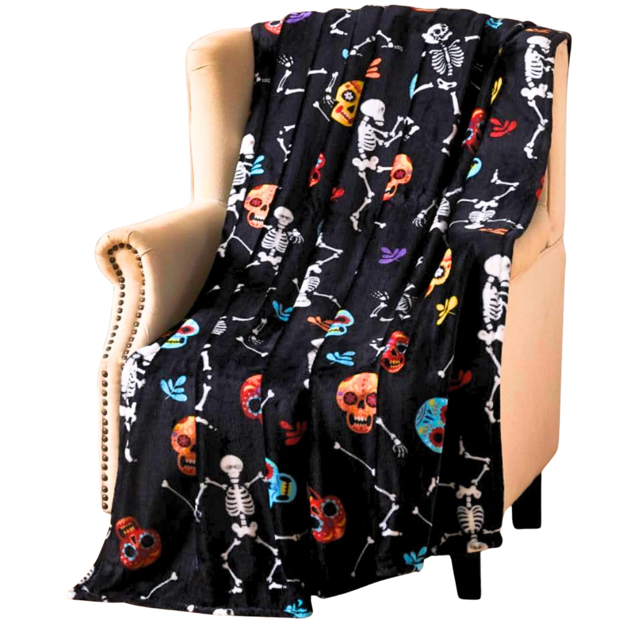 Serafina Home Haunted Halloween Fleece Throw Blanket: Halloween Rock N' Roll Dancing Skeleton Sugar Skulls Print on Soft Velvet Fleece Throw Blanket 70" x 50" — image 1