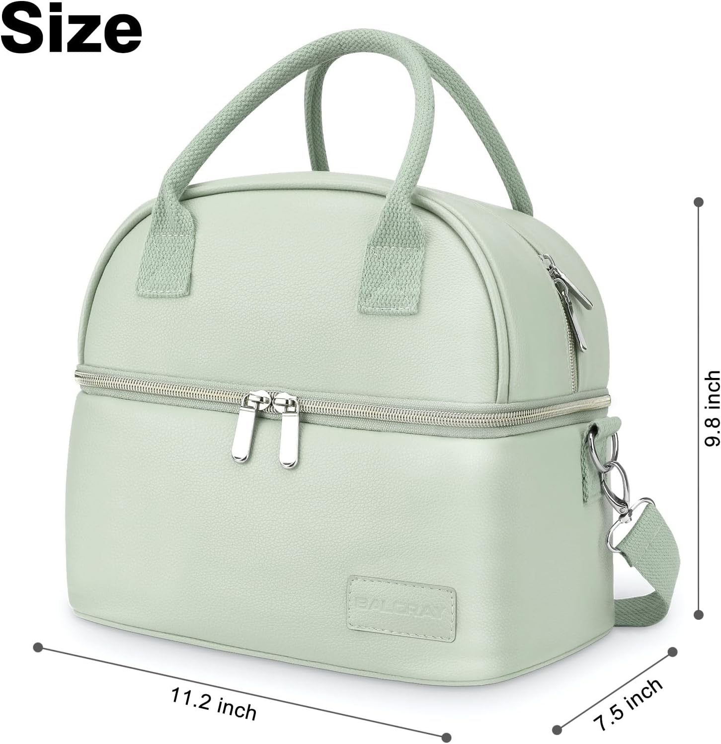 BALORAY Lunch Bag for Women Men, Double Deck Lunch Box for Adults, PU Leather Lunch Tote Bag Insulated Lunch Bags with Strap for Work Office Picnic(Green with strap)