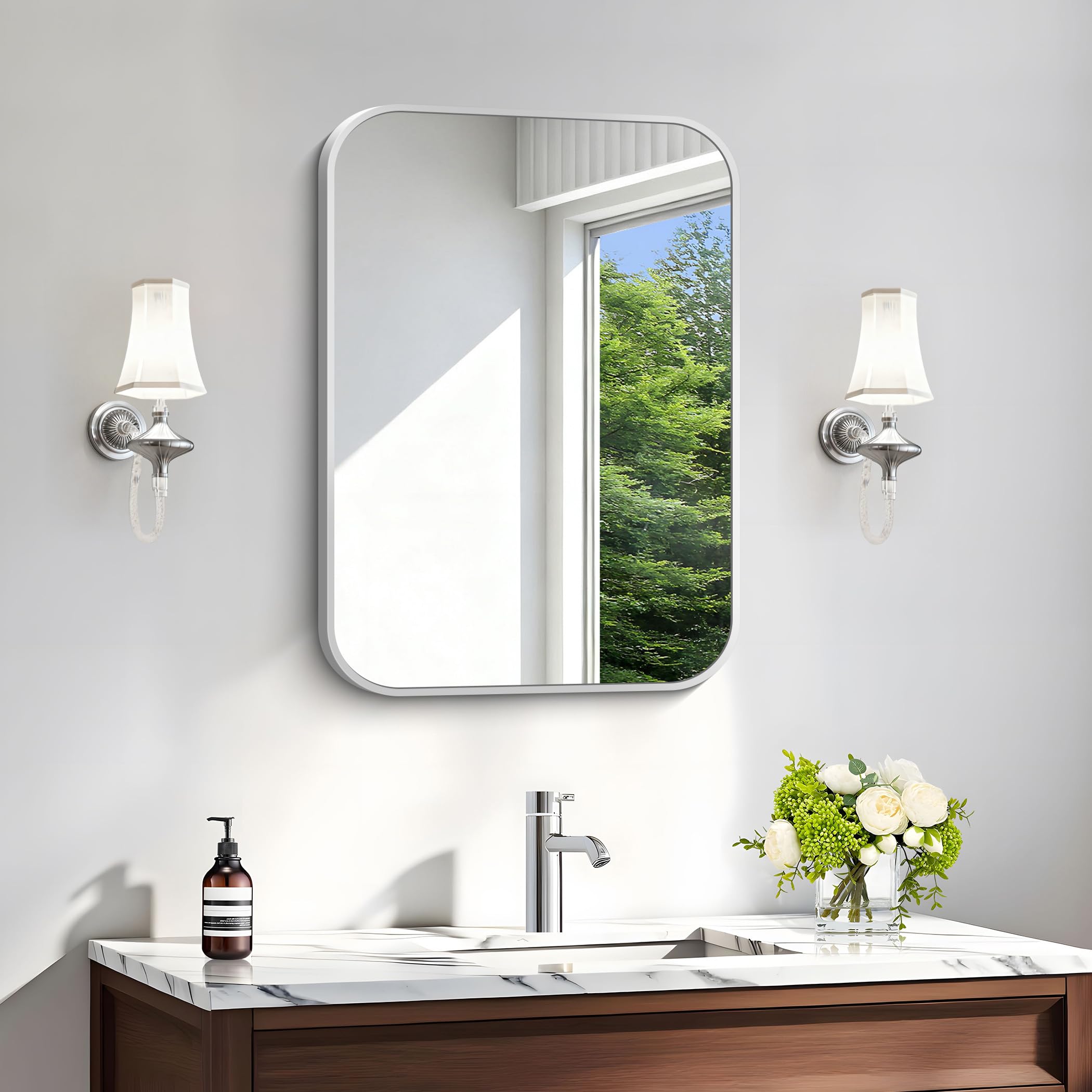Silver Bathroom Mirror, 18 x 24 Inch Rectangle Mirrors for Wall, Rounded Corner Metal Framed Wall Mounted Mirror for Over Sinks Living Room Bedroom Entryway Hangs Horizontal/Vertical