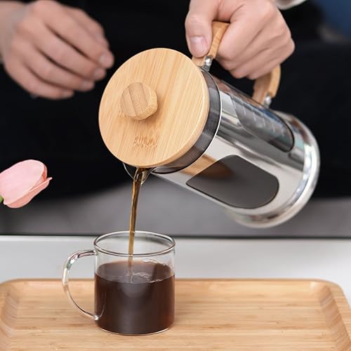 Miniatura 7 de Sivaphe Cafetera de prensa francesa sin plástico de 34 onzas, tapa de bambú de vidrio borosilicato y asa, prensa de té de café, 8 tazas, 33.8 fl oz