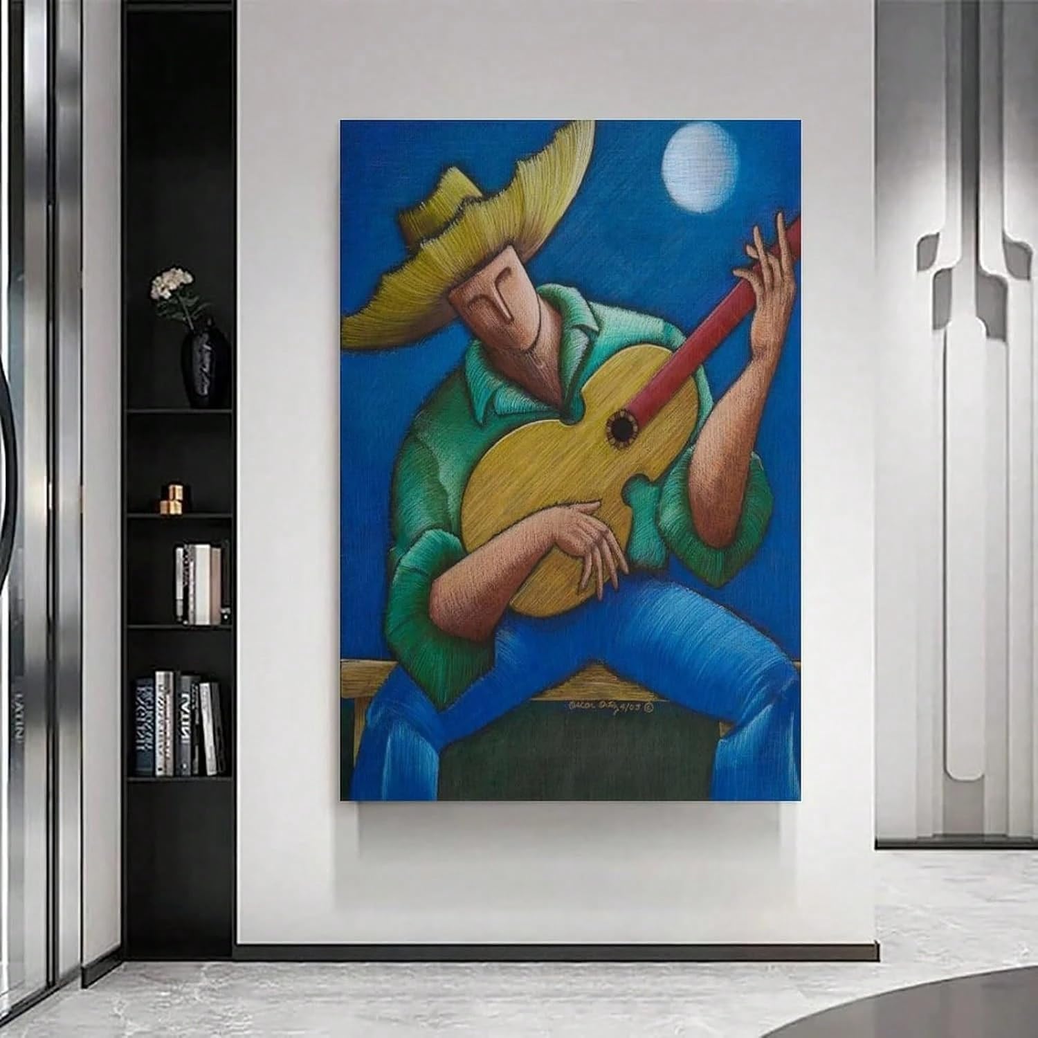 AIHNBF Pittura astratta per suonatore di chitarra artistica da parete – Moderno Blu Giallo Musicista Pittura per soggiorno camera da letto – Musica Folk Art Print, 50 x 75 cm