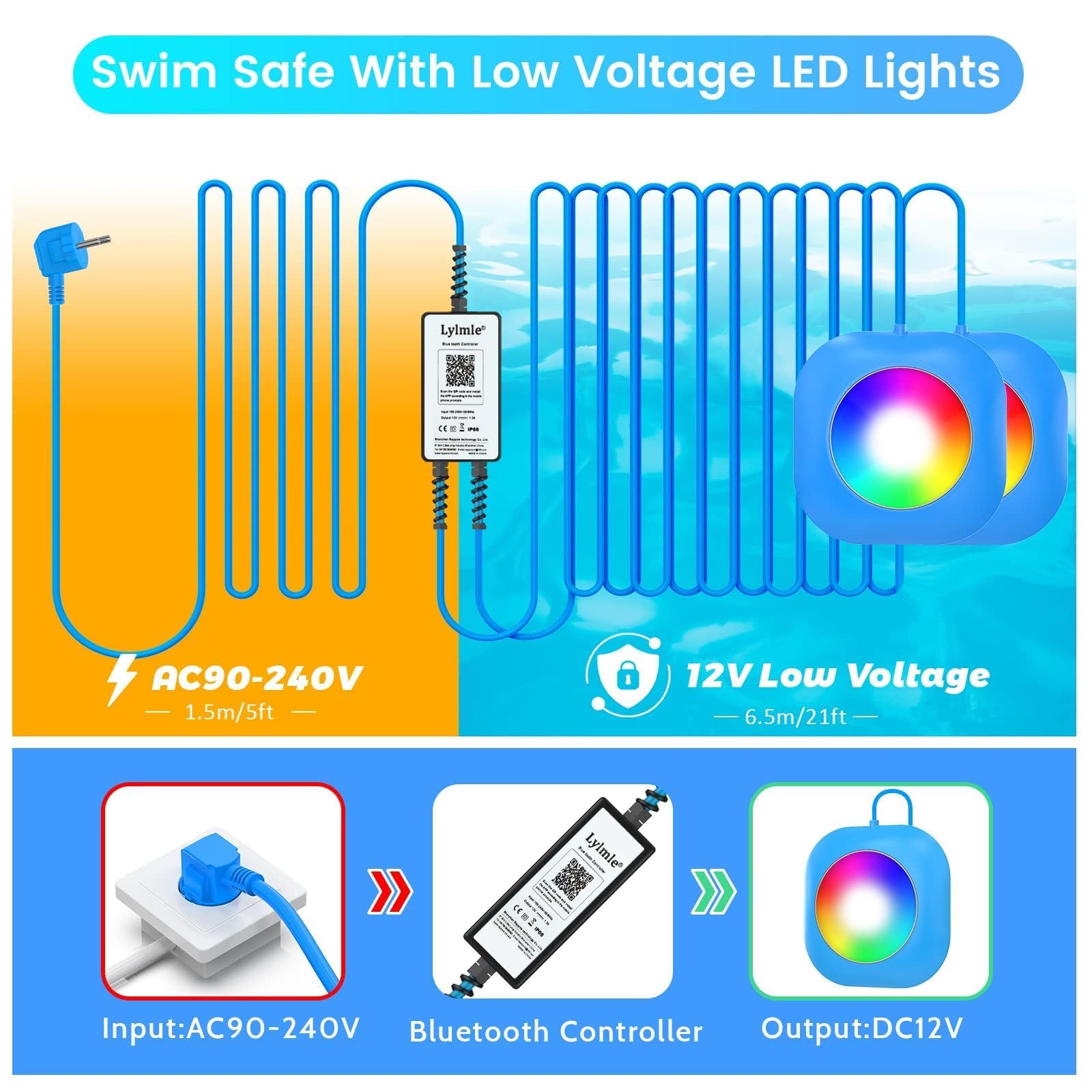 LyLmLe Bezprzewodowe oświetlenie basenowe LED 40 W, 12 V, podwójne światła zatapialne, możliwość ściemniania, timer wodoszczelności IP68, magnetyczna lampa basenowa z kablem 8 m do basenu nad ziemią