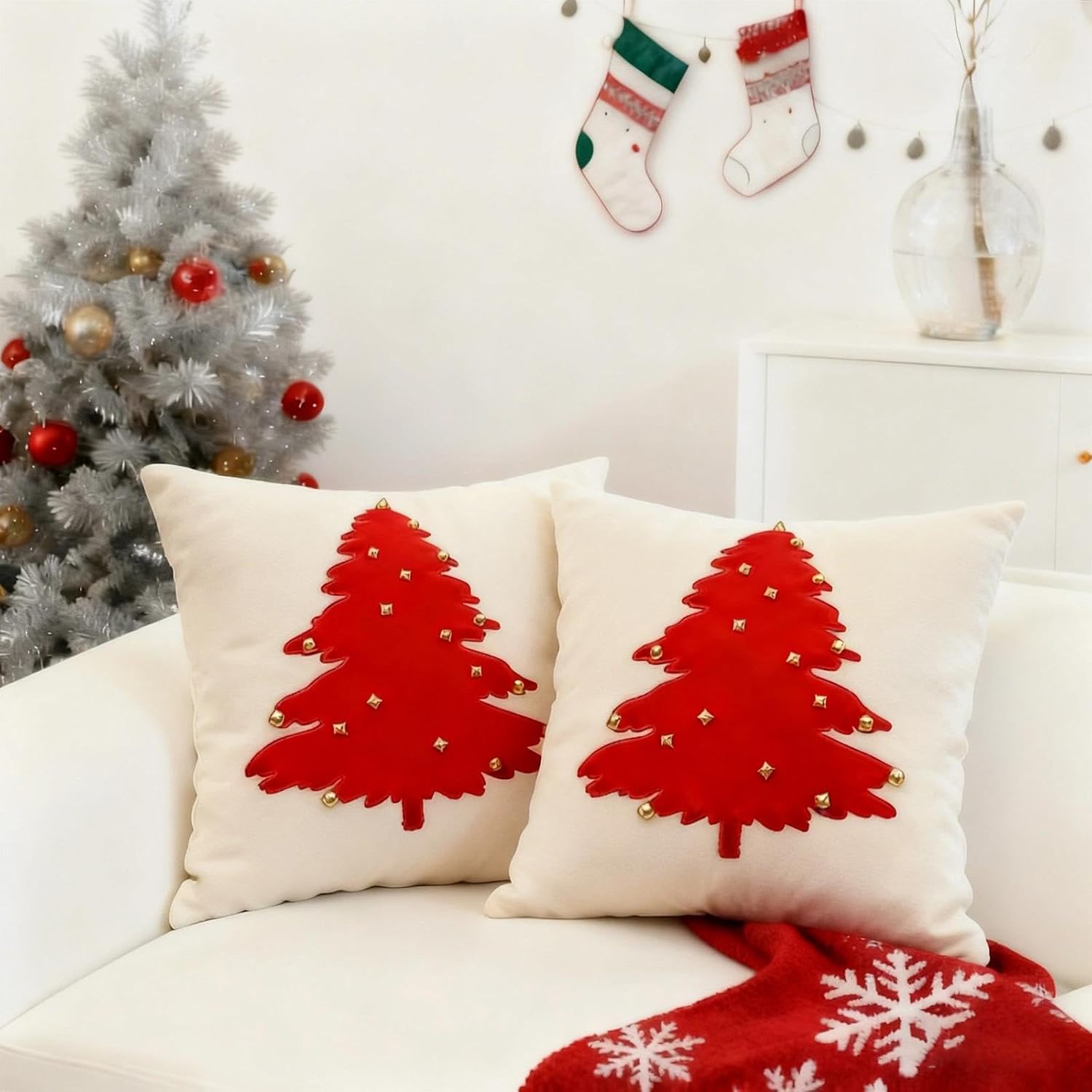 2PC Christmas Throw Pillow Covers 20x20 inch Set Xmas Tree Decorations Soft Velvet with Bells,New Year Farmhouse Pillowcase Winter Holiday Decor C 20" x 20" (Pack of 2)