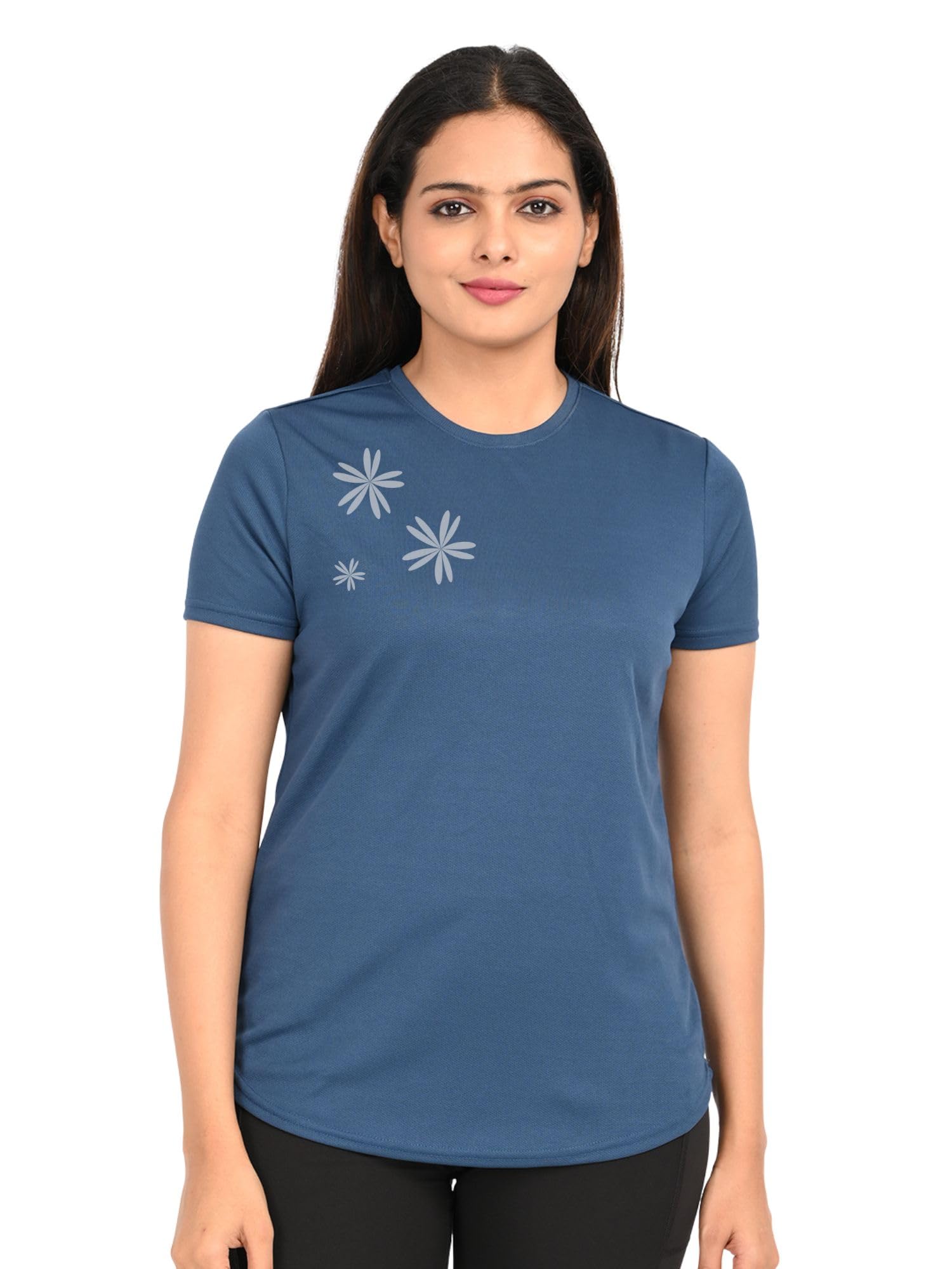 Women’s Pinted Round Neck Regular Fit Gym & Workout T-Shirt | Quick Dry Sports Top for Fitness, Running & Training-3FLOWER-image-36