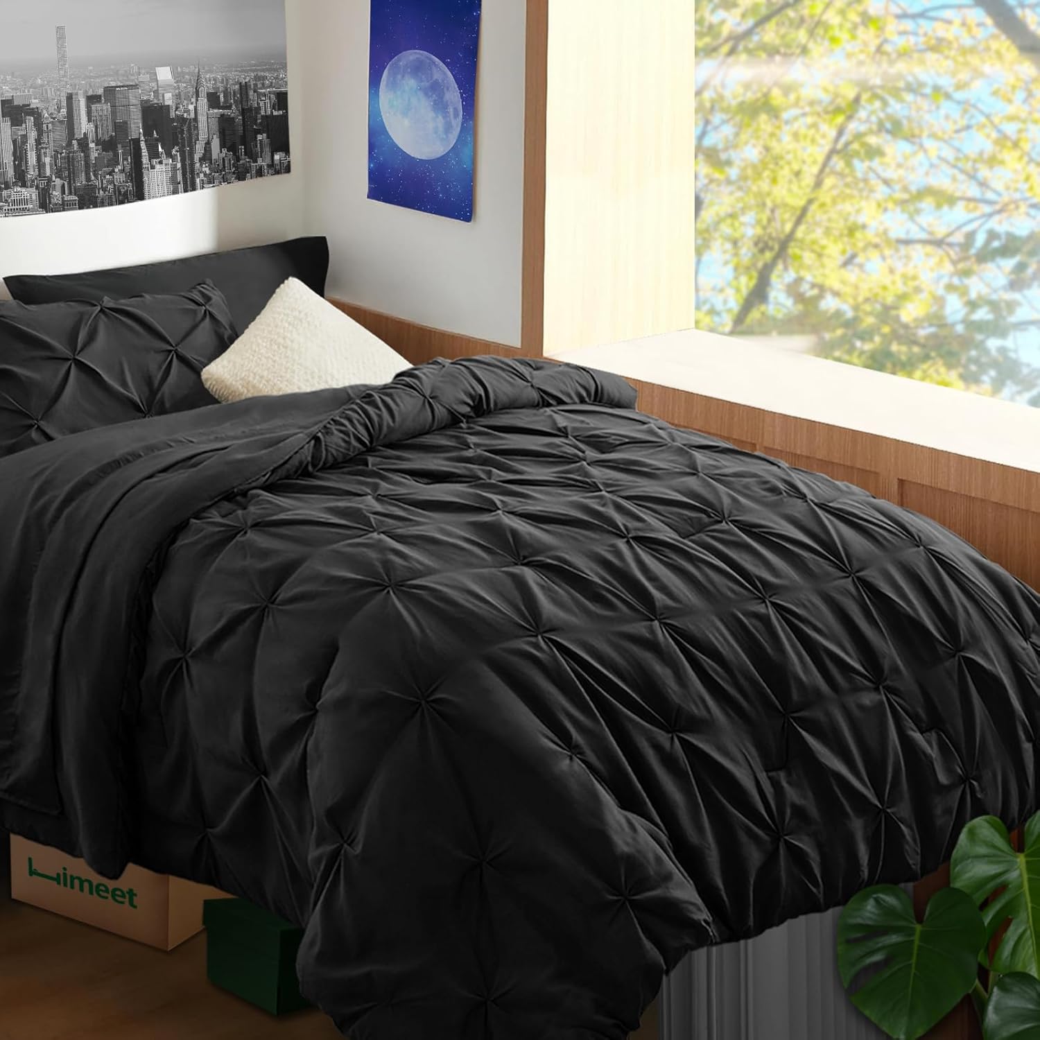 Twin XL Comforter Set 5 Pieces Black Comforter Twin XL(68" x 88") Pintuck Twin XL Bedding Set Pinch Pleat Dorm Bedding Twin XL Comforter Set with Sheets
