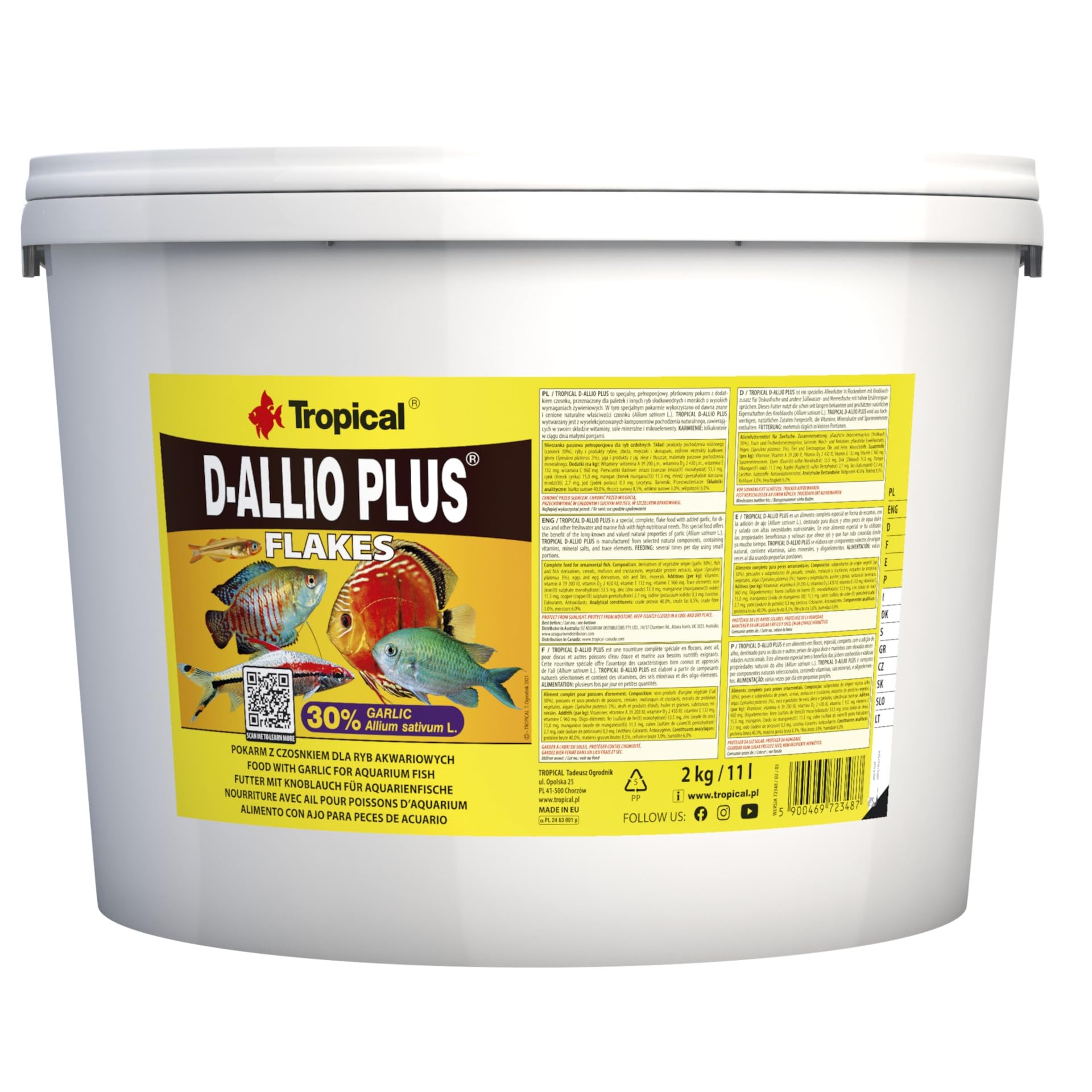 Tropical D-ALLIO Plus 11L / 2kg - Mangime con Aglio per Pesci d'acquario in Scaglie