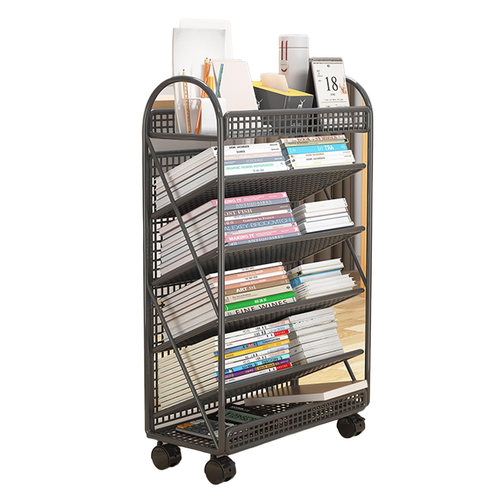 Bibliothèque mobile à roulettes en métal robuste avec étagère de grande capacité