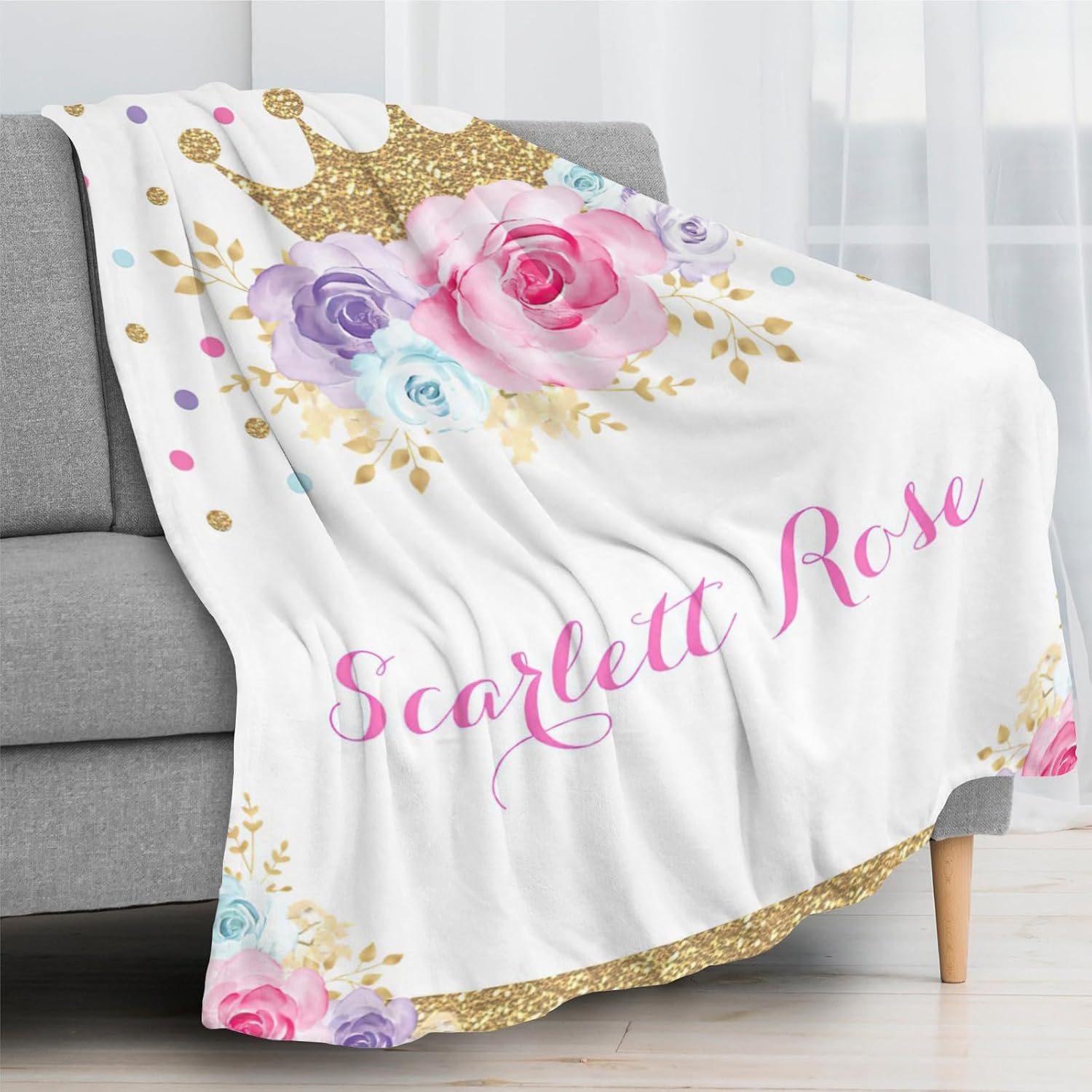 Seamaid Personalized Baby Blankets for Girls Custom Name Blanket for Kids Adults Personalized Baby Gifts Custom Princess Crown Blanket for Girls - Color Dots Crown 50x60in