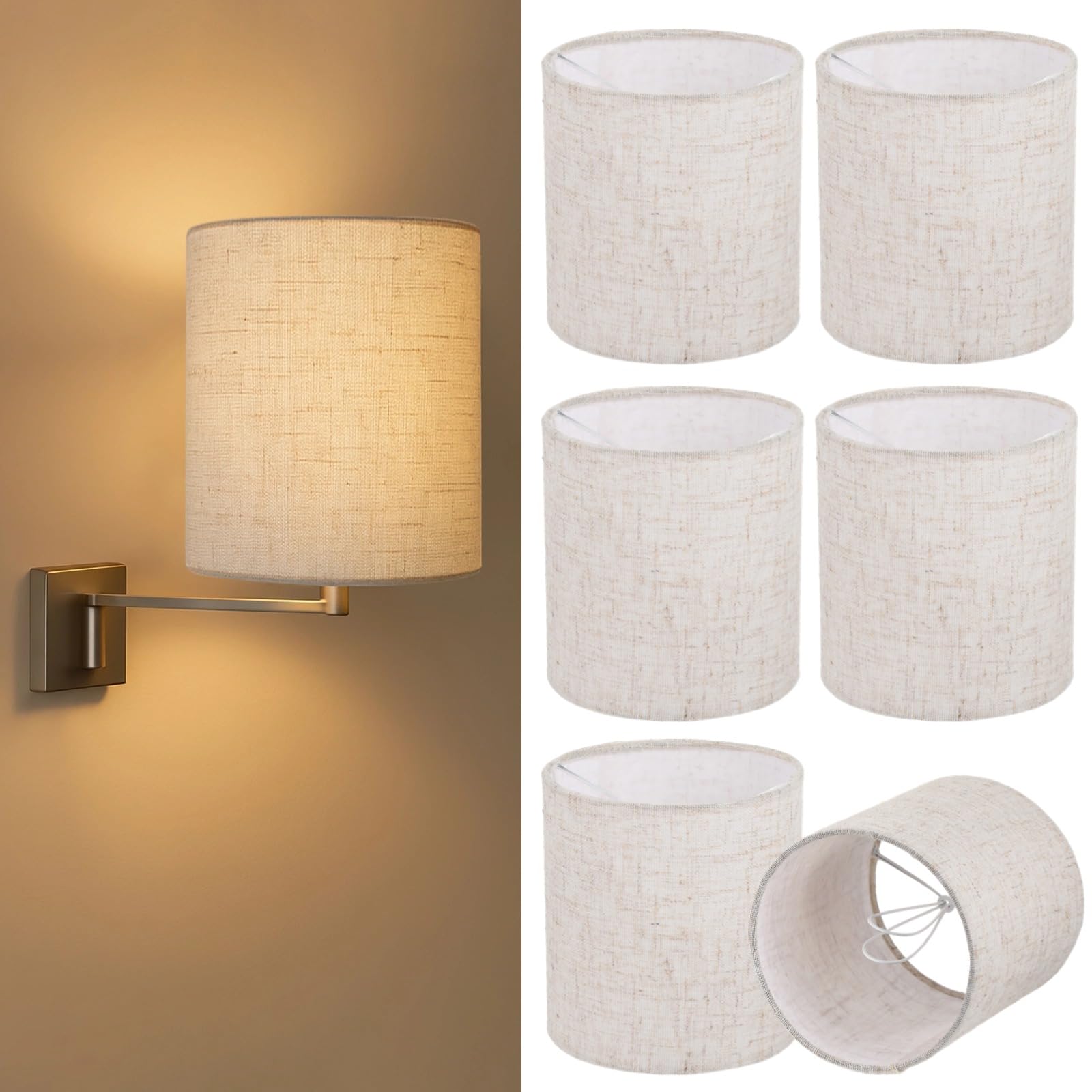 Chandelier Lamp Shades,Mini Lamp Shades Clip-on Bulbs Fabric Lampshade,Beige Chandelier Replacement Shades for Wall Light,Natural Linen Lamp Shade Set,5.1" X 5.1" X 5.3",Assembly Required