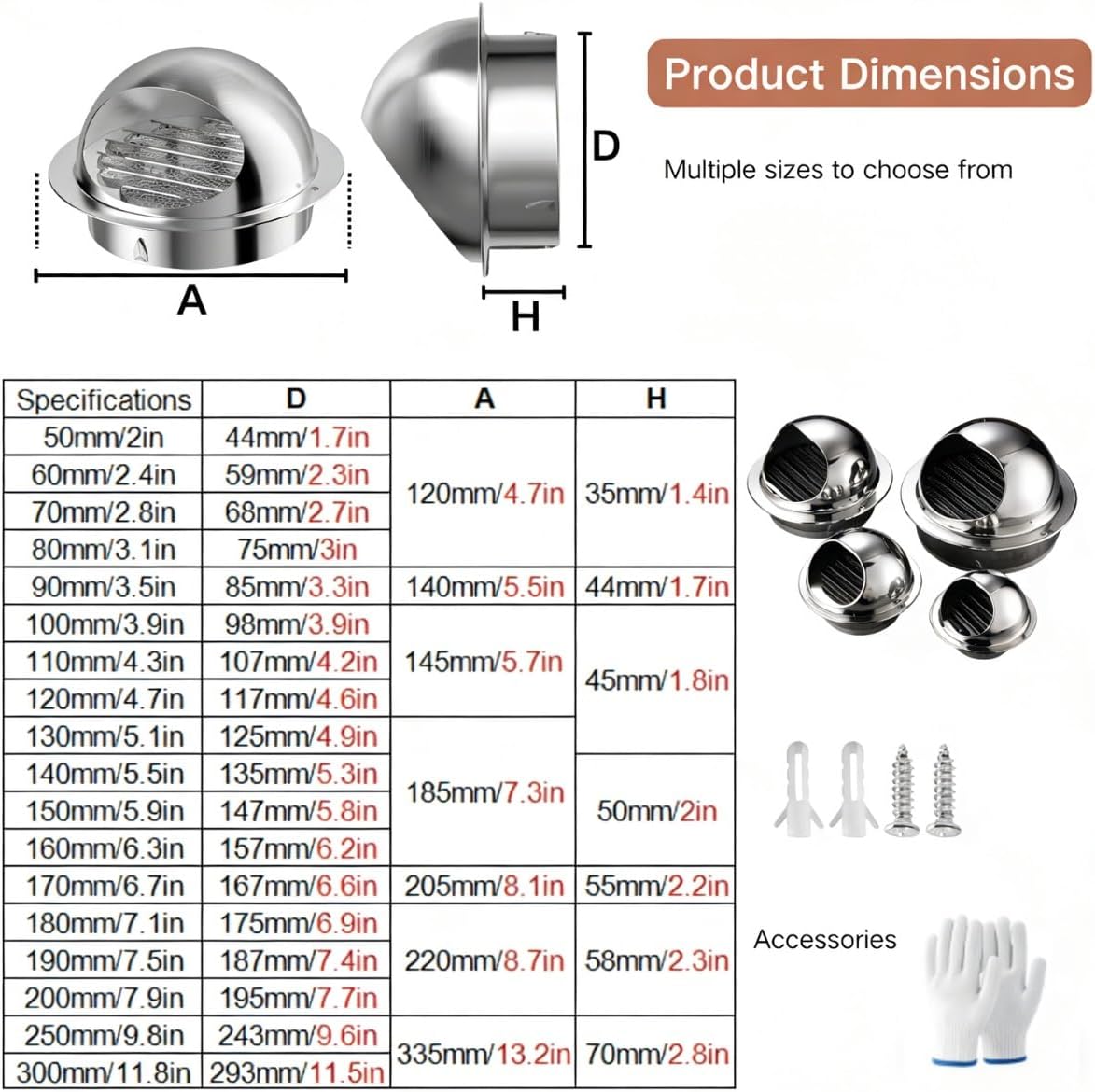3 Inch Duct Air Vent Covers, 4" 6" 8" 10" Bathroom Wall Exhaust Vent Cover, 304 Stainless Steel Soffit Vents Cover with Hood Screen Mesh Grille, for Kitchen Attic, with Gloves(300mm/11.8in)