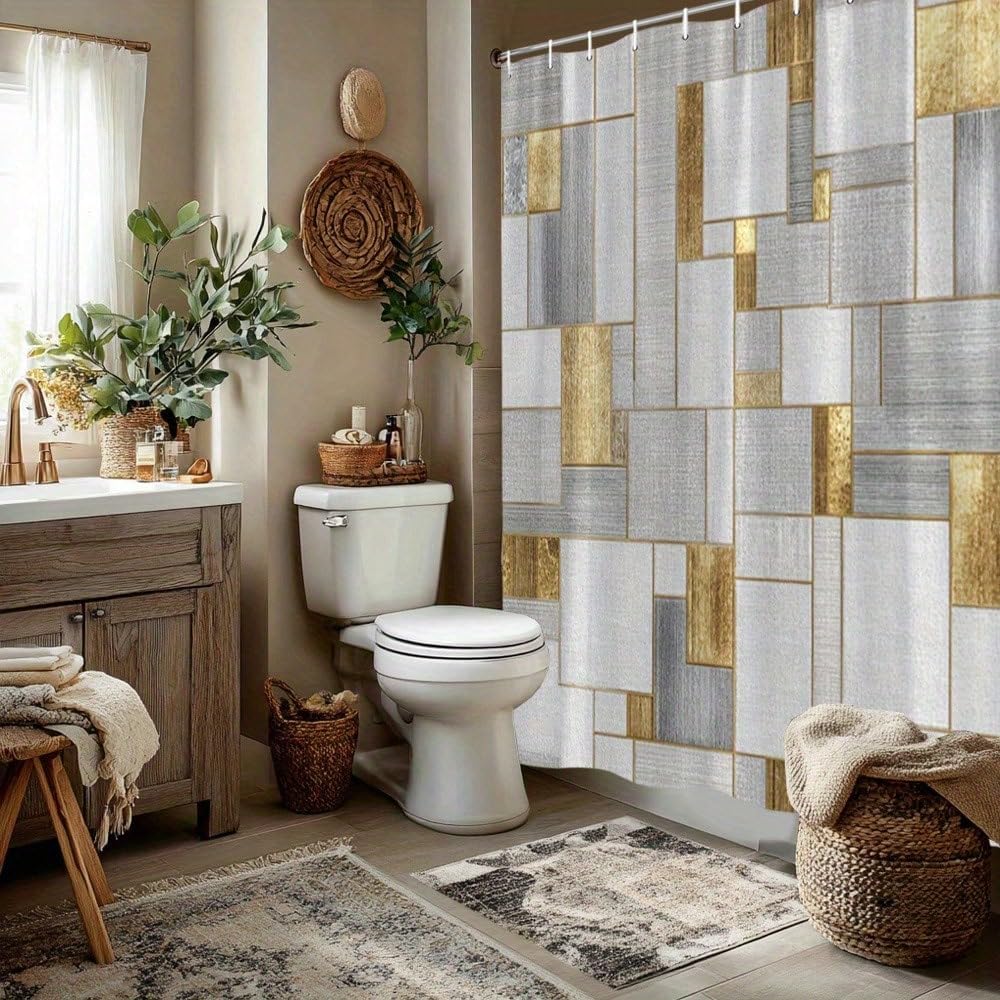 Moderner Abstrakter Duschvorhang – Elegante und goldene 3D-Digitalmalerei für Badezimmer – Badezimmervorhang (180 x 300 cm / 71 x 118 Zoll (B x H))